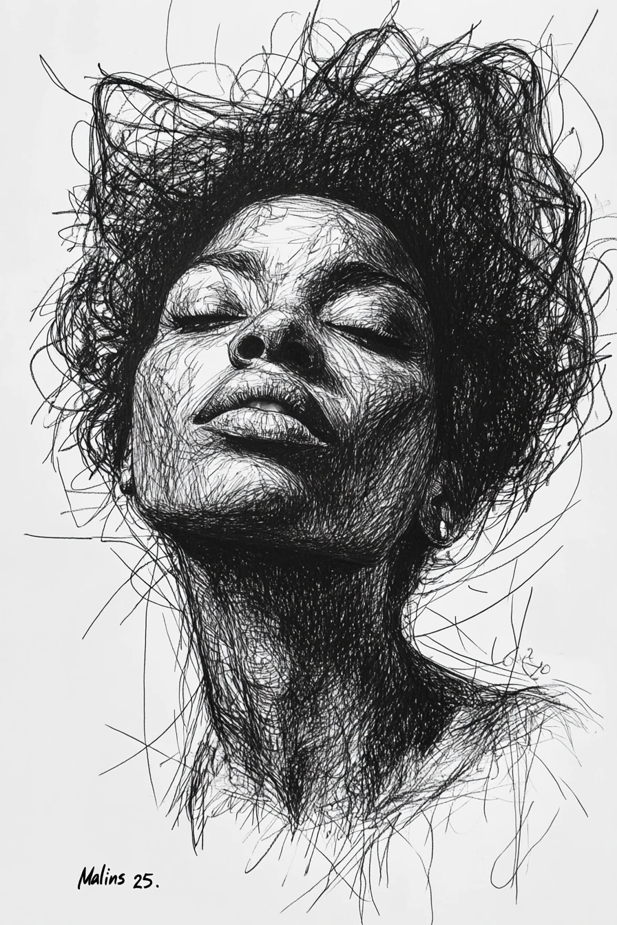 Textured graphite portrait of a black woman with afro bun