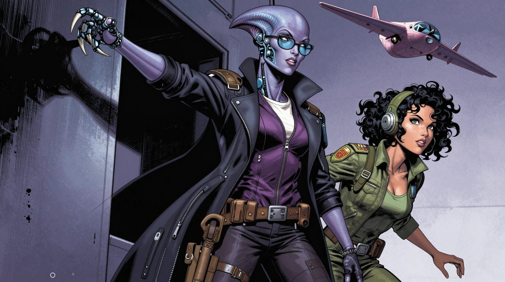 Tall violet skinned alien woman in futuristic fashion