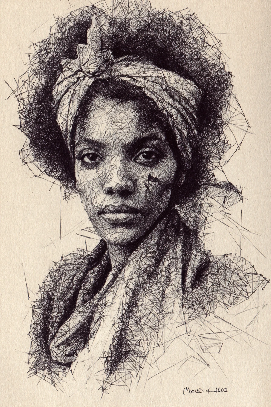 Textured graphite portrait of a black woman with afro bun