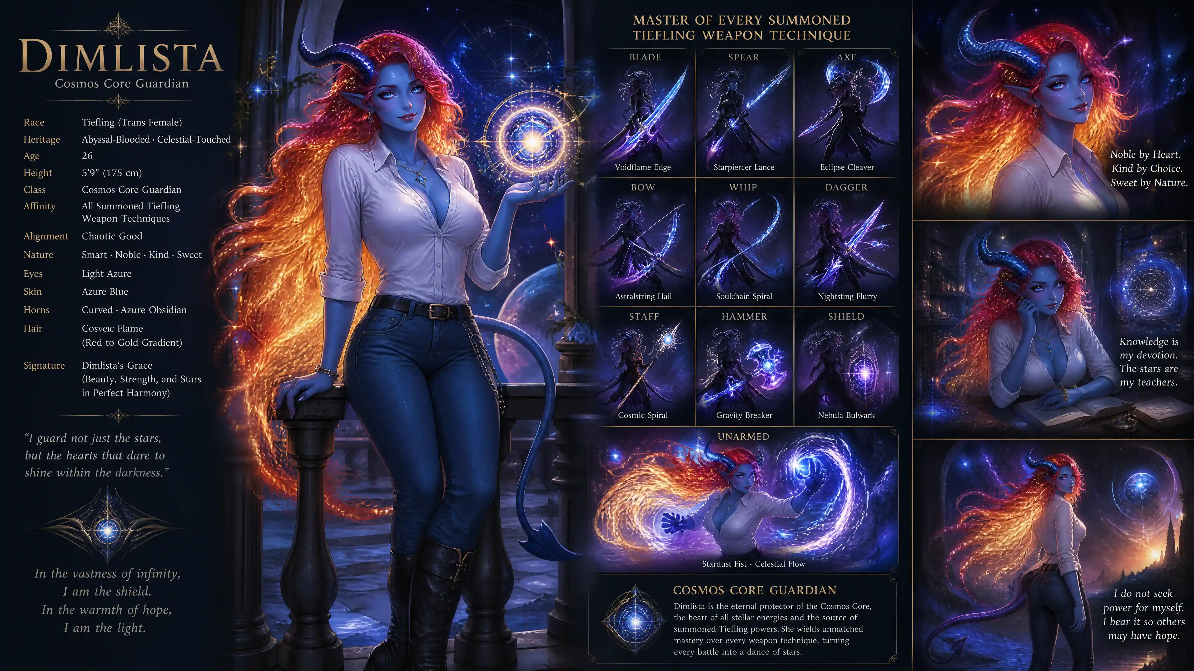 Blue tiefling woman with glowing cosmos background