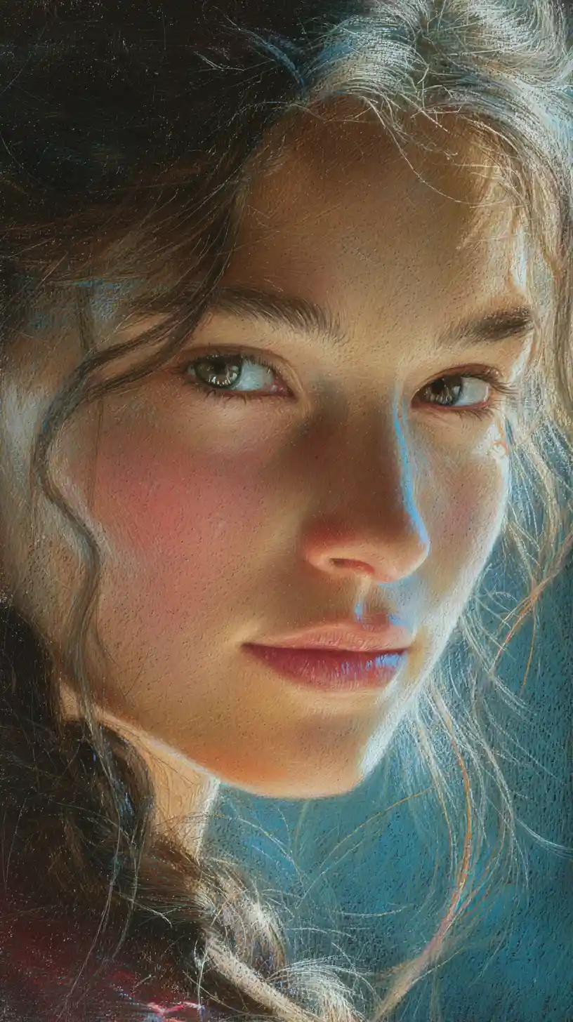 Serene pastel girl portrait with luminous expressive eyes