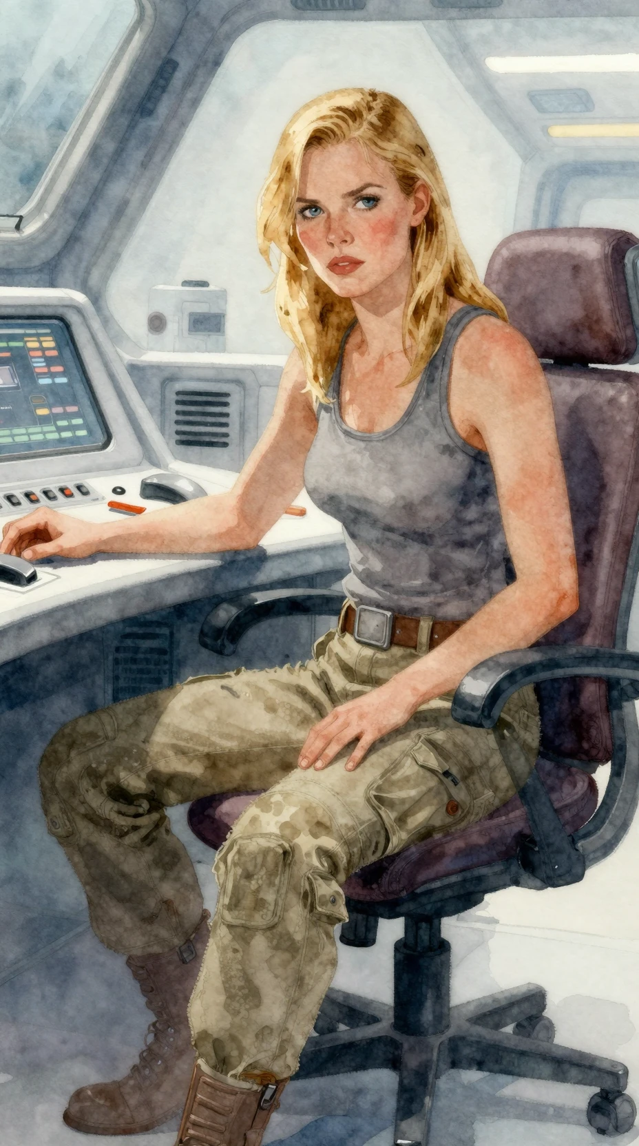 Tough blonde pilot in a bright futuristic control room