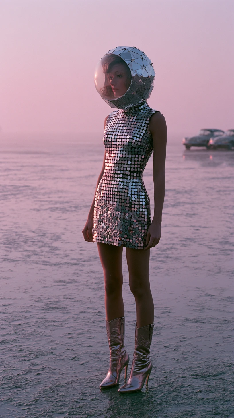 Mujer de moda surrealista con vestido espejado en orilla brumosa