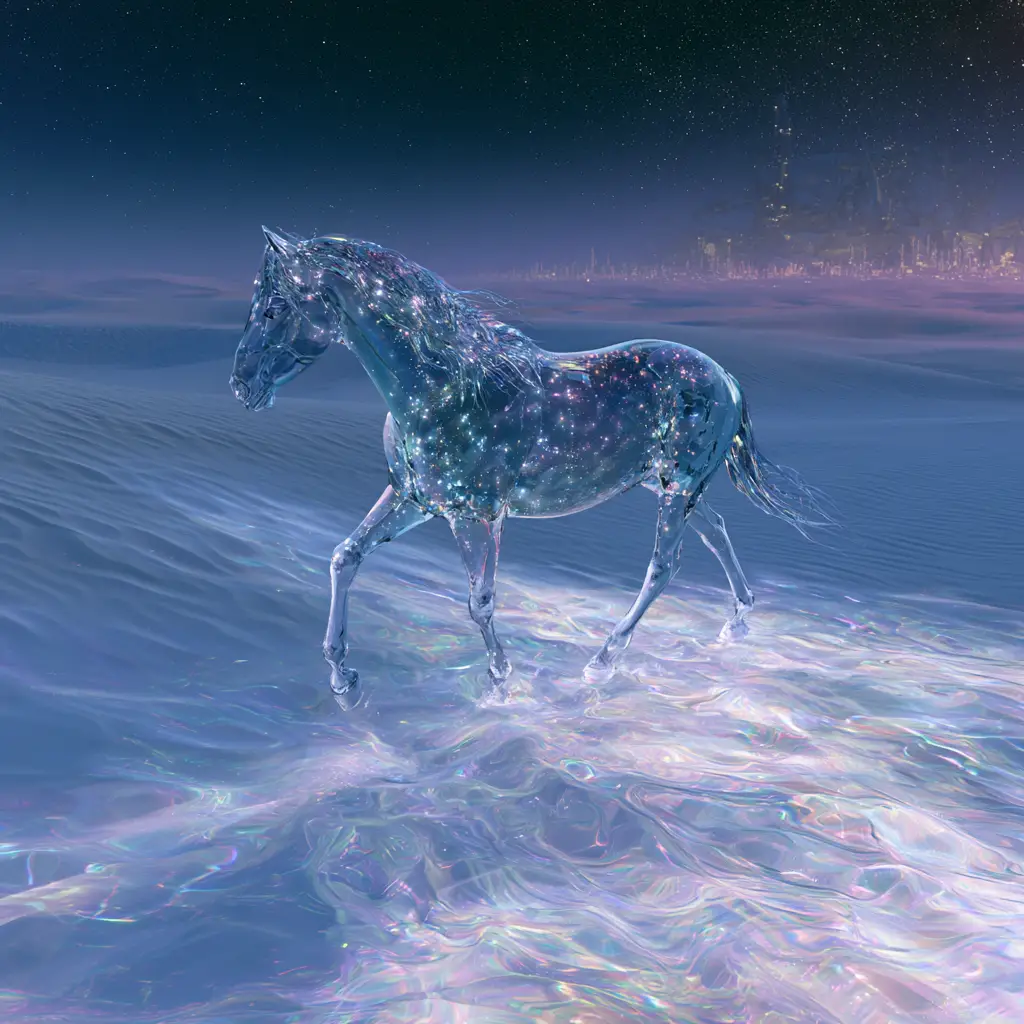 Cavallo di cristallo al galoppo in un deserto surreale illuminato dalle stelle