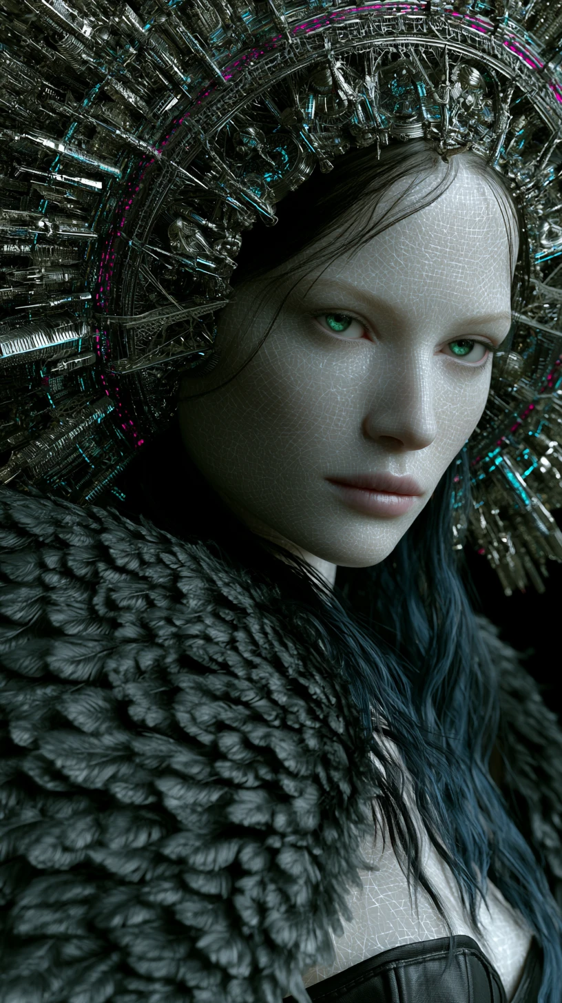 Ethereal woman with cyberpunk halo and dark angel wings