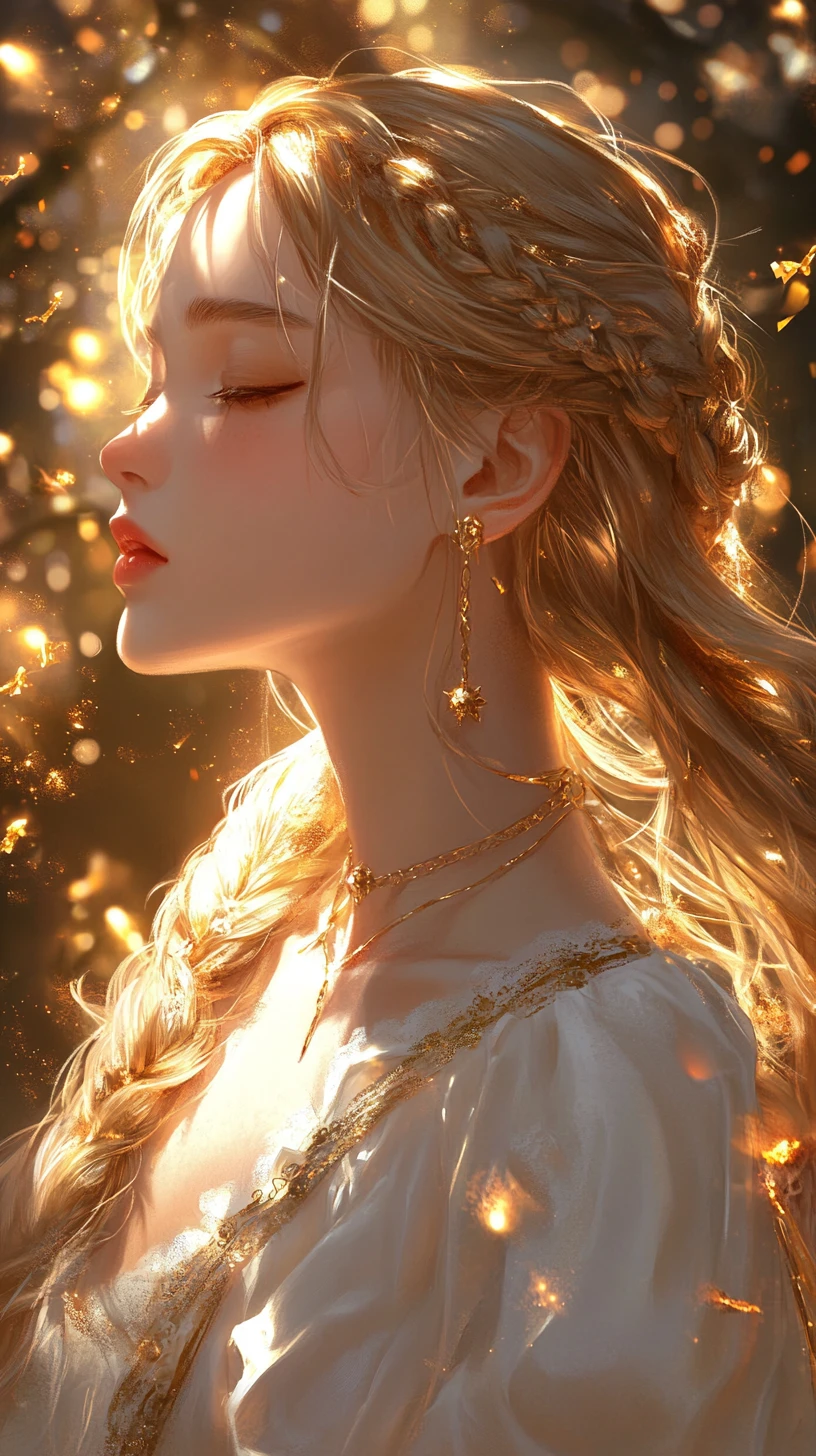 Serene fantasy woman in profile in a glowing forest