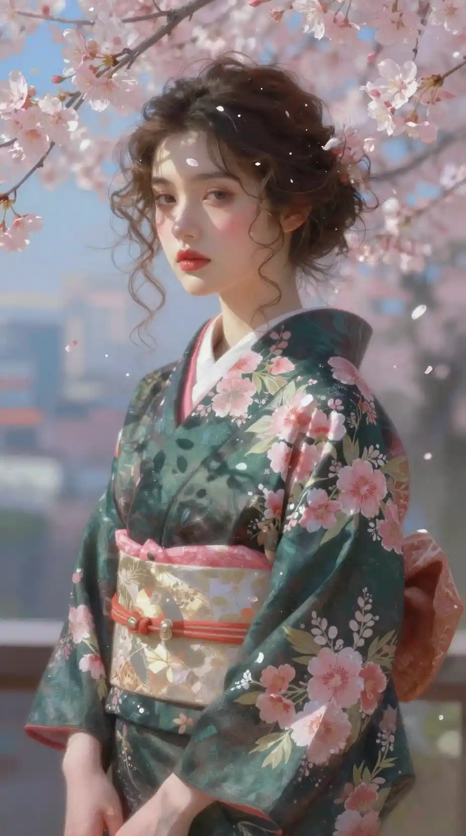 Young woman in floral kimono against dreamy abstract city backdrop