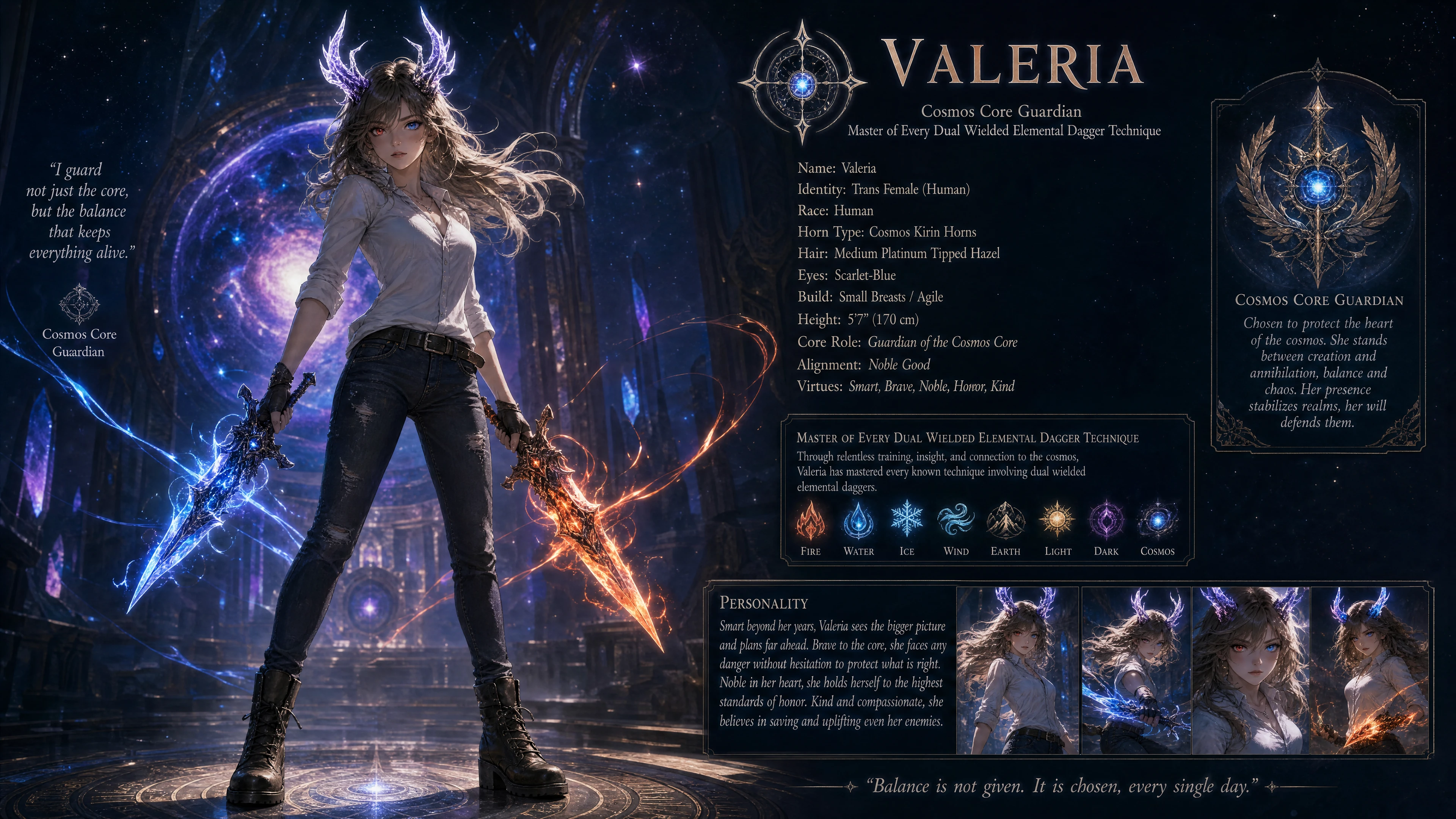 Cosmic horned guardian woman with elemental daggers