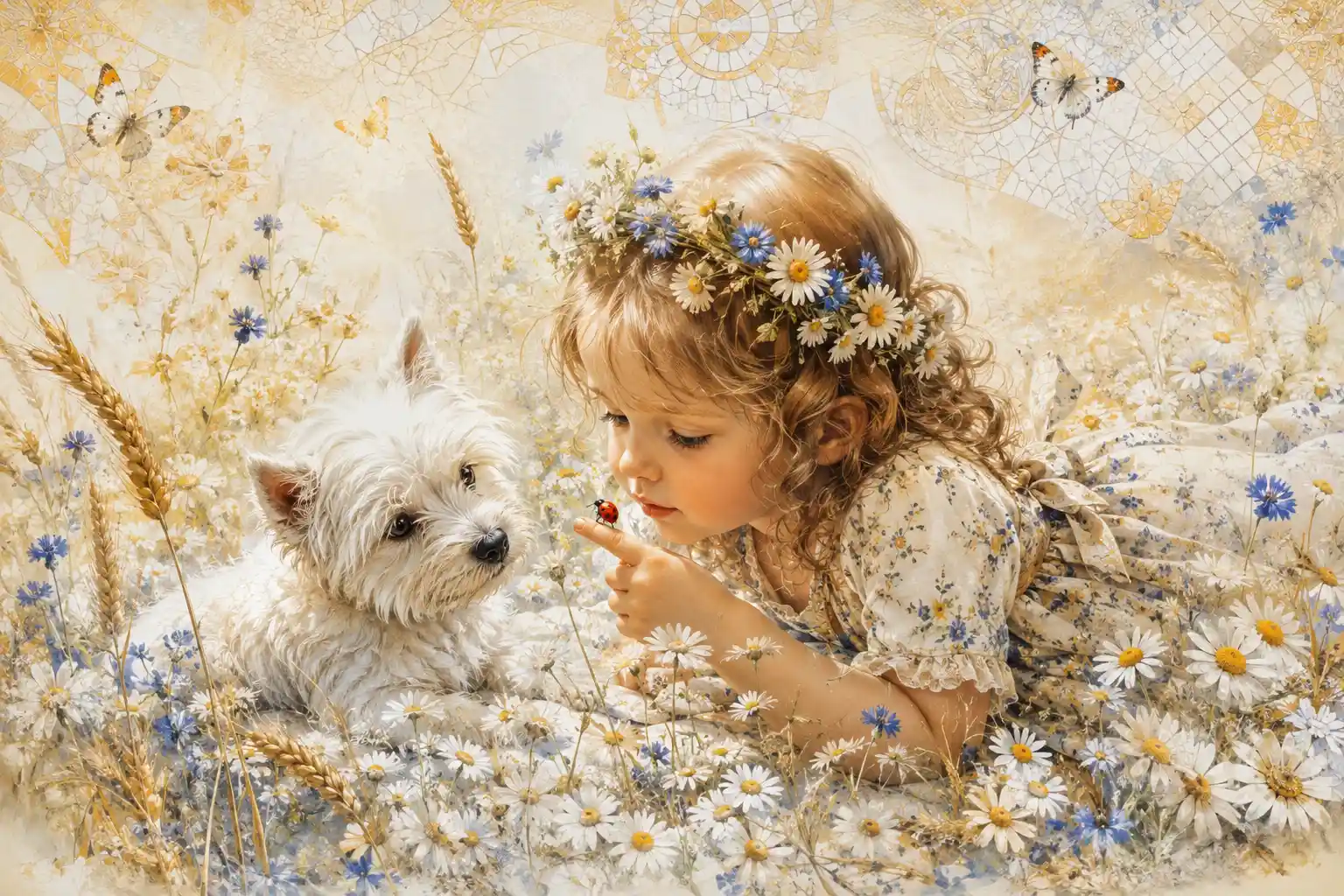 Young girl watching a ladybug in a white flower meadow