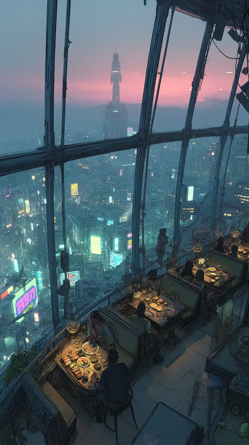 Futuristic Couple Dining In Neon Lit Cyberpunk Restaurant