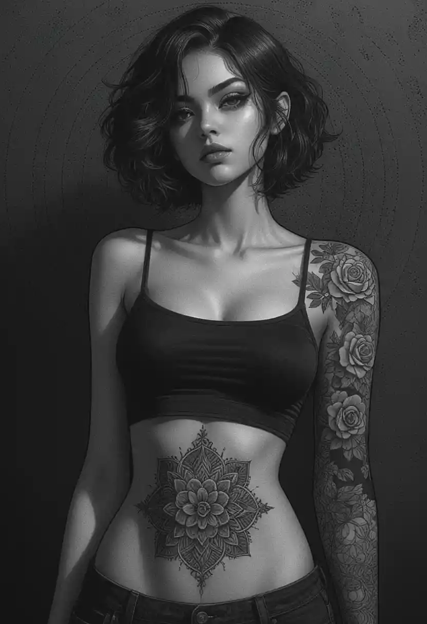 Gothic tattooed anime woman in dramatic monochrome portrait