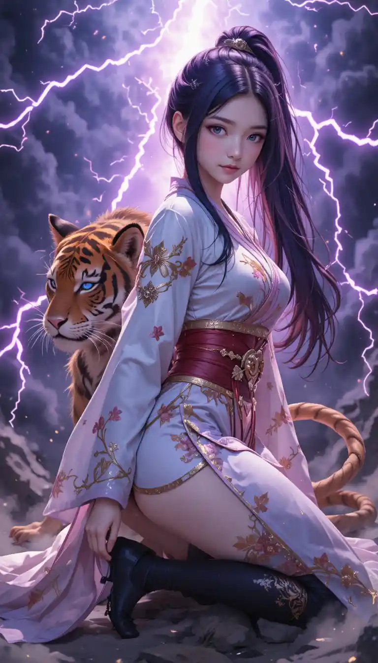 Kneeling anime warrior woman under stormy violet sky