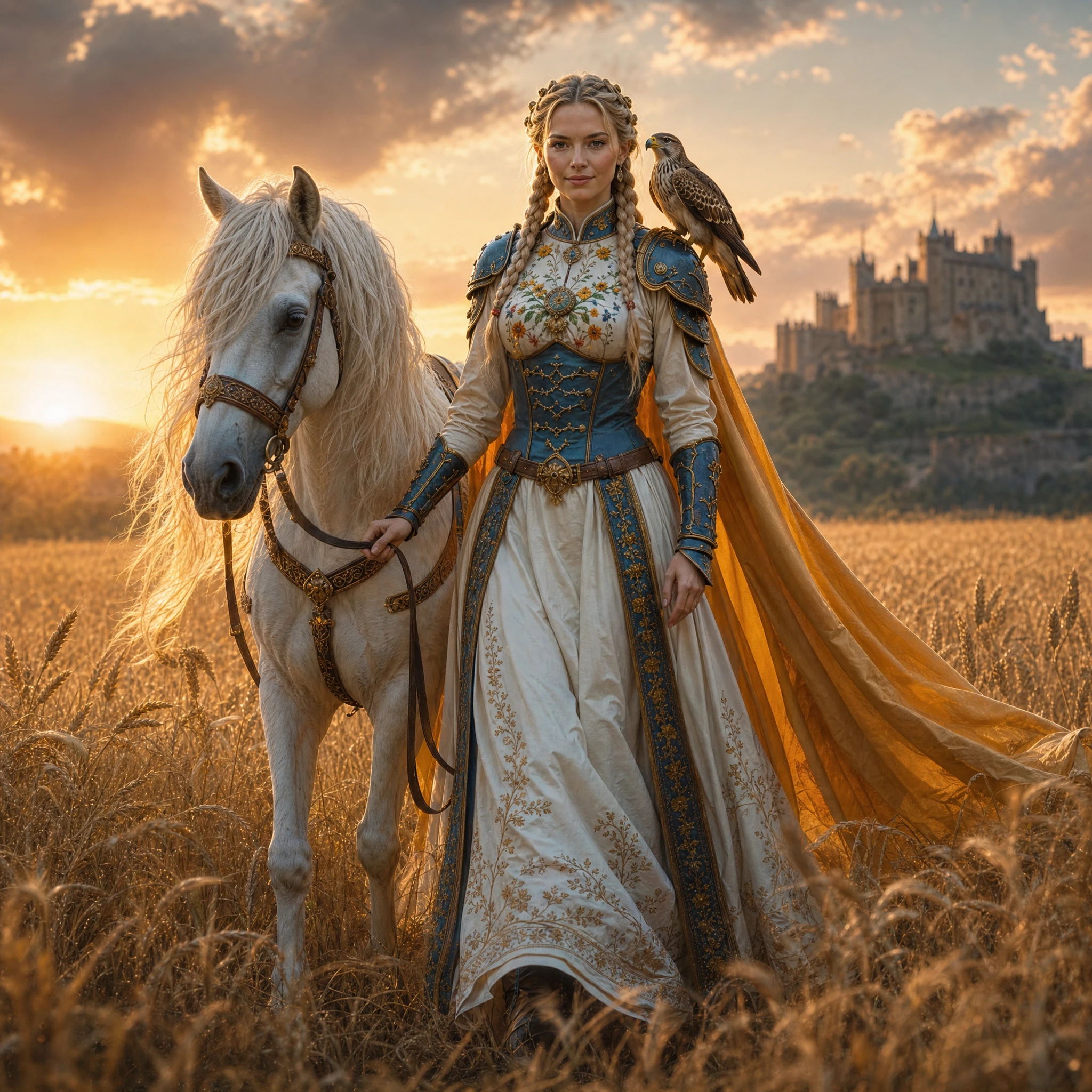 Blonde noble warrior woman walking through a golden wheat field