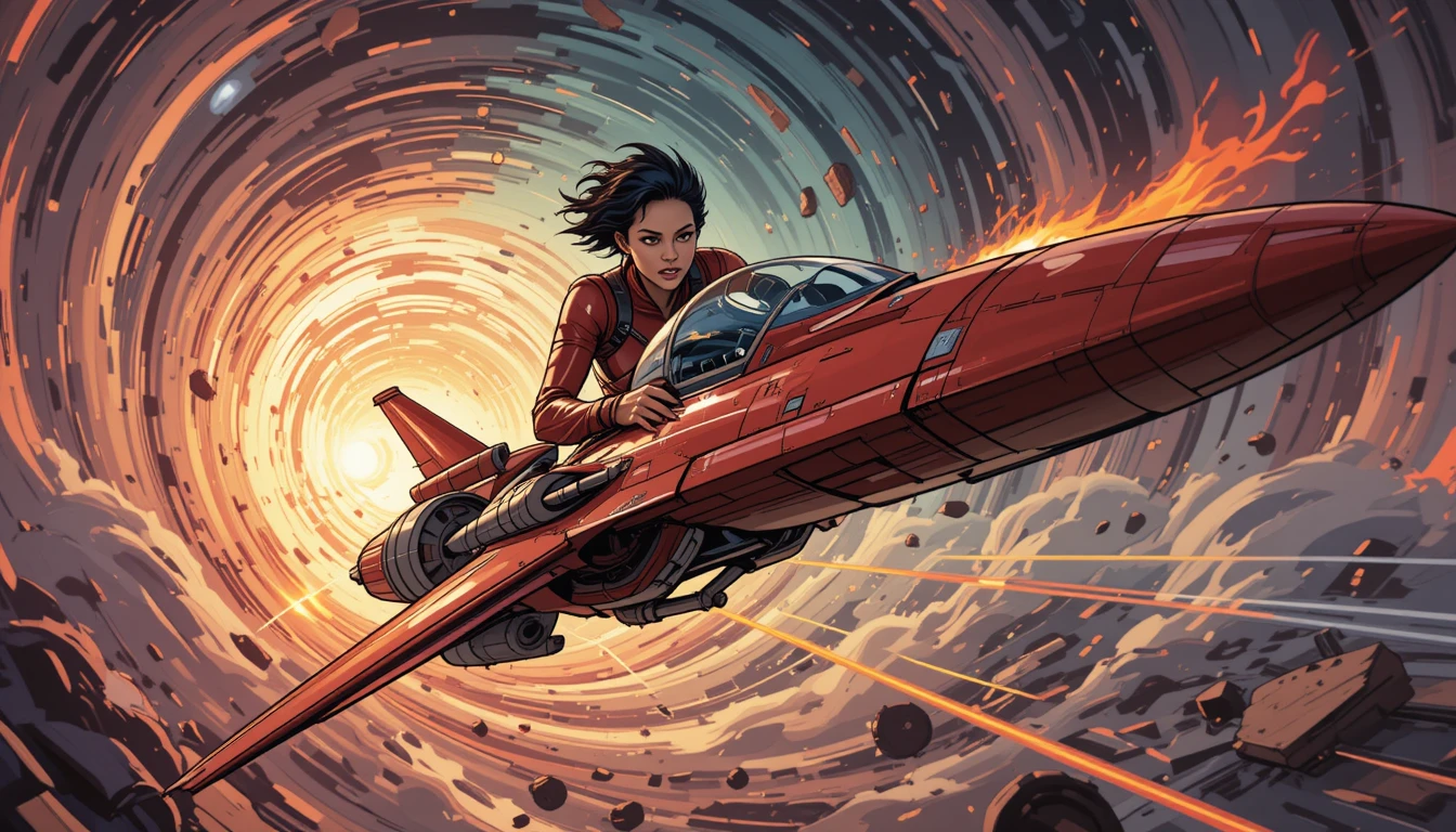 Fearless space pirate woman steering a crimson starfighter
