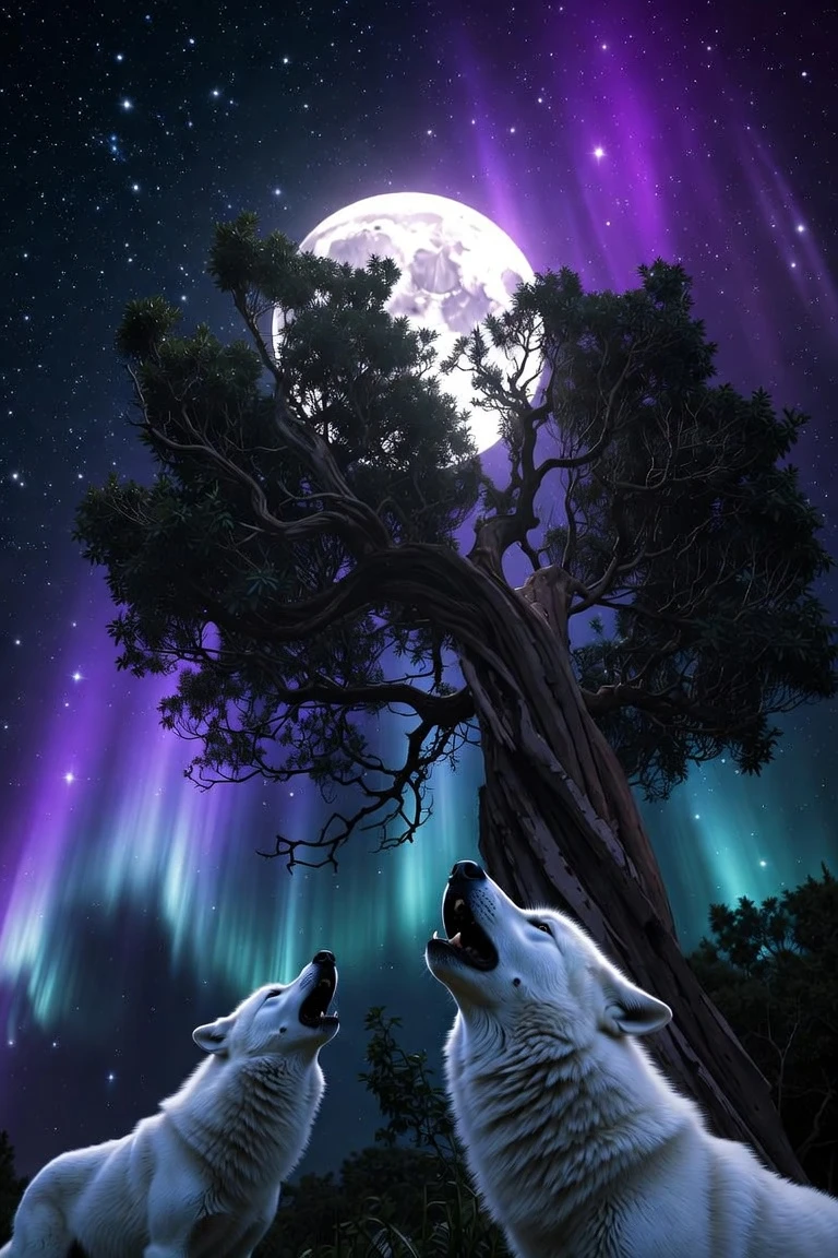 White wolves howling beneath a twisted moonlit forest tree