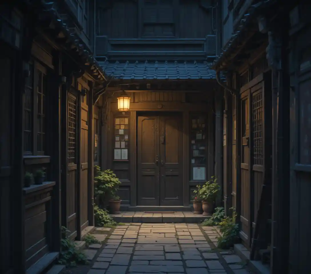Small wooden tea house glowing at end of alley