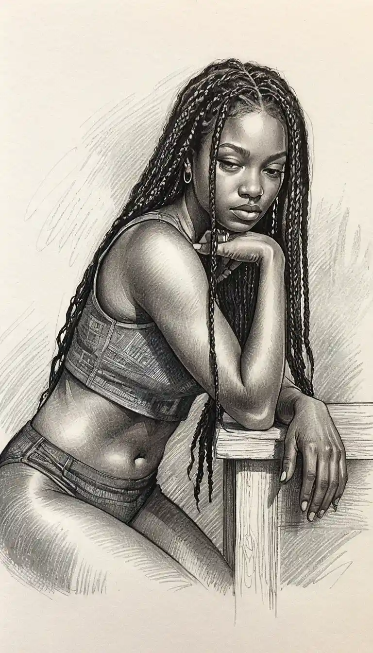 Graphite drawing of a woman leaning on a rectangular block
