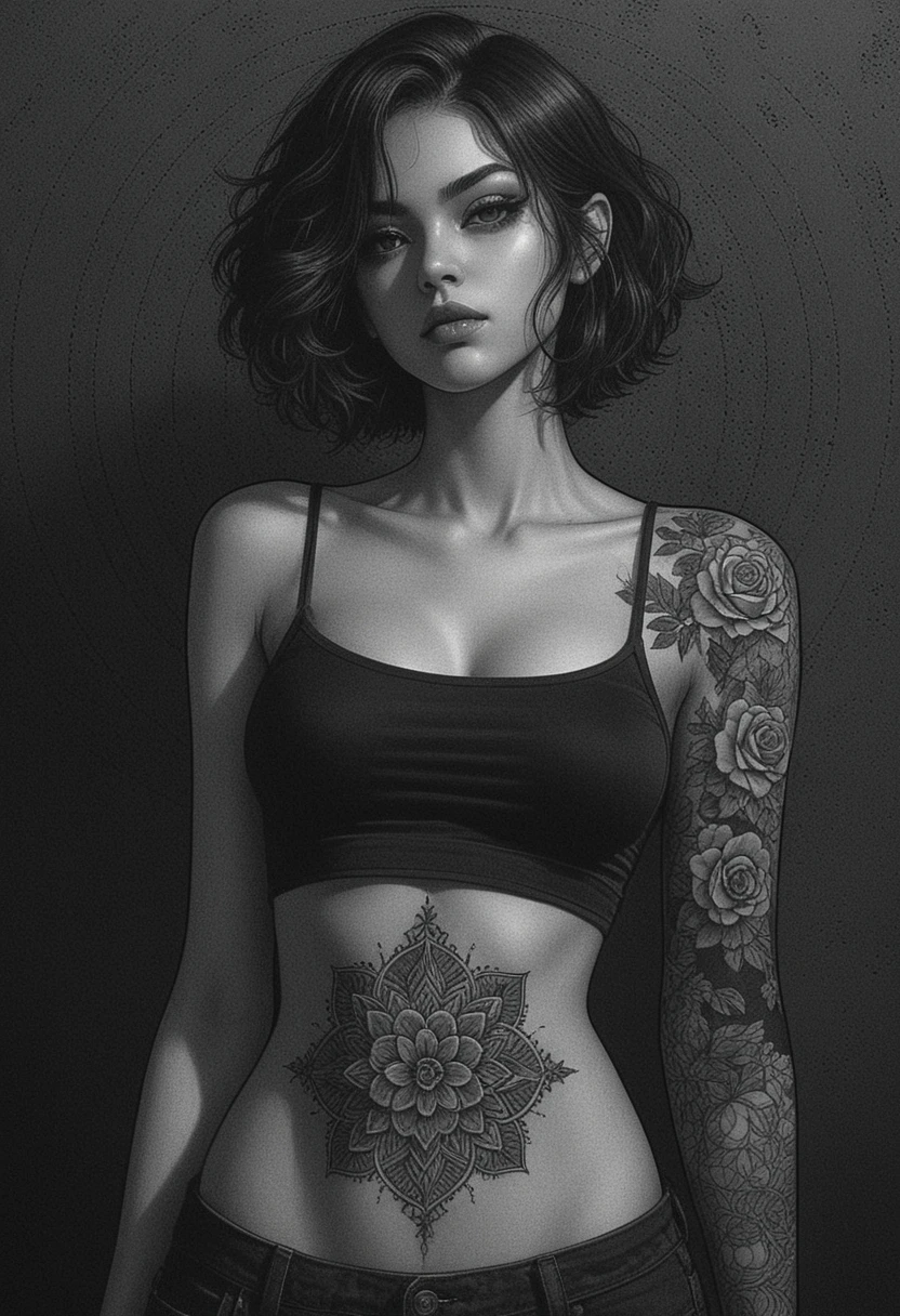 Gothic tattooed anime woman in dramatic monochrome portrait