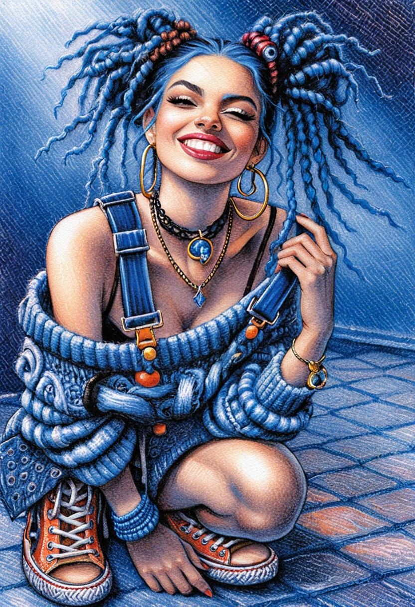 Playful girl with blue dreadlocks in colorful urban illustration