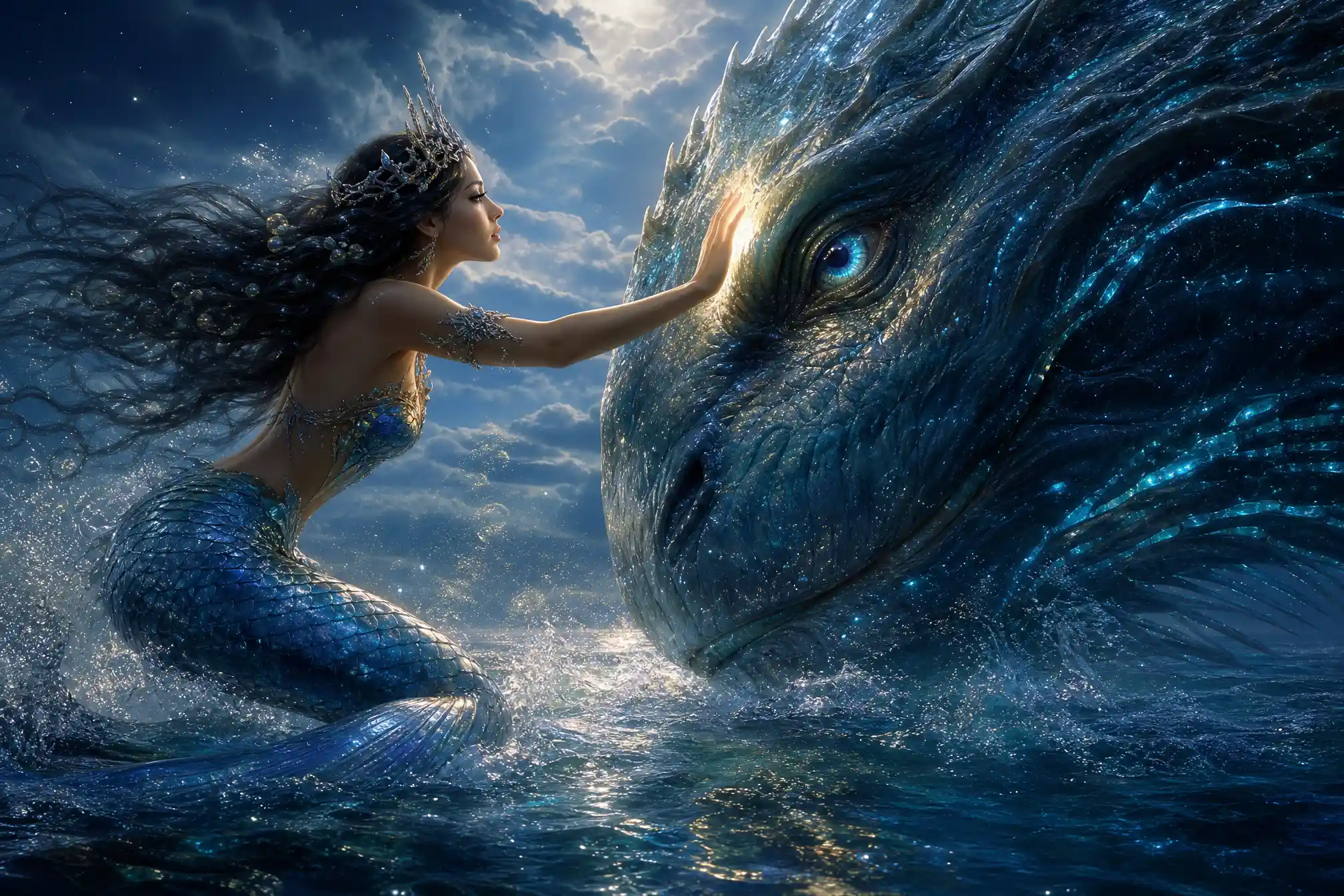 Mermaid Reaching Toward A Glowing Sea Leviathan