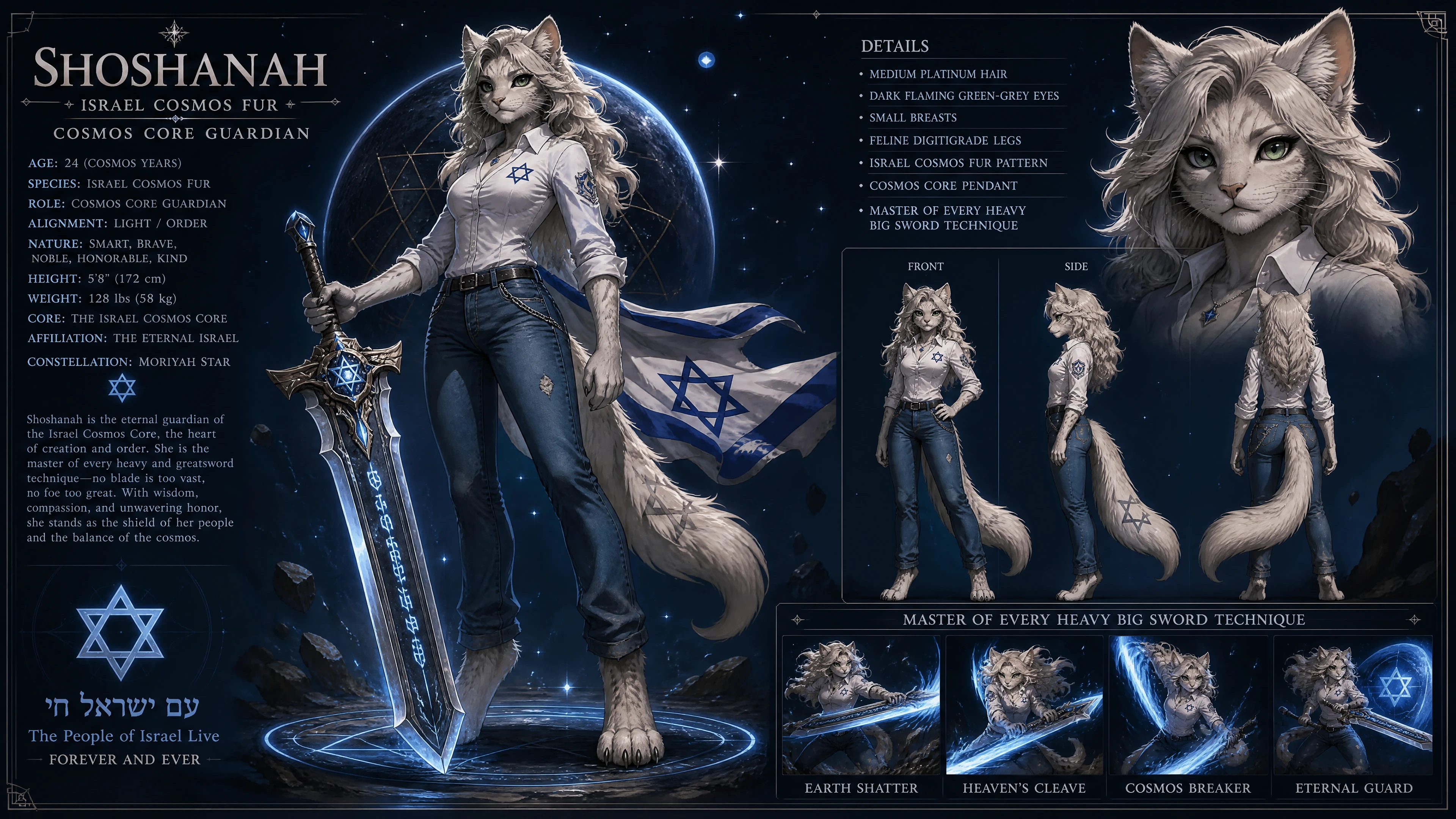 Anthro cosmos cat warrior woman with sword in casual clothes