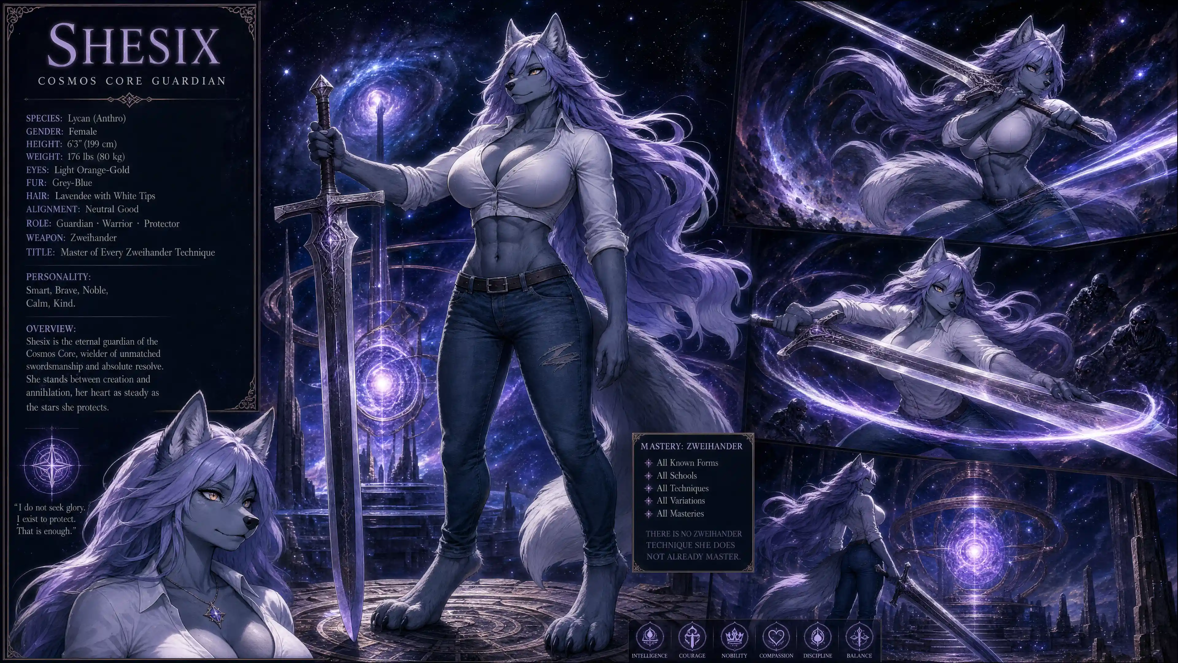 Heroic wolf anthro woman with lavender hair and jeans