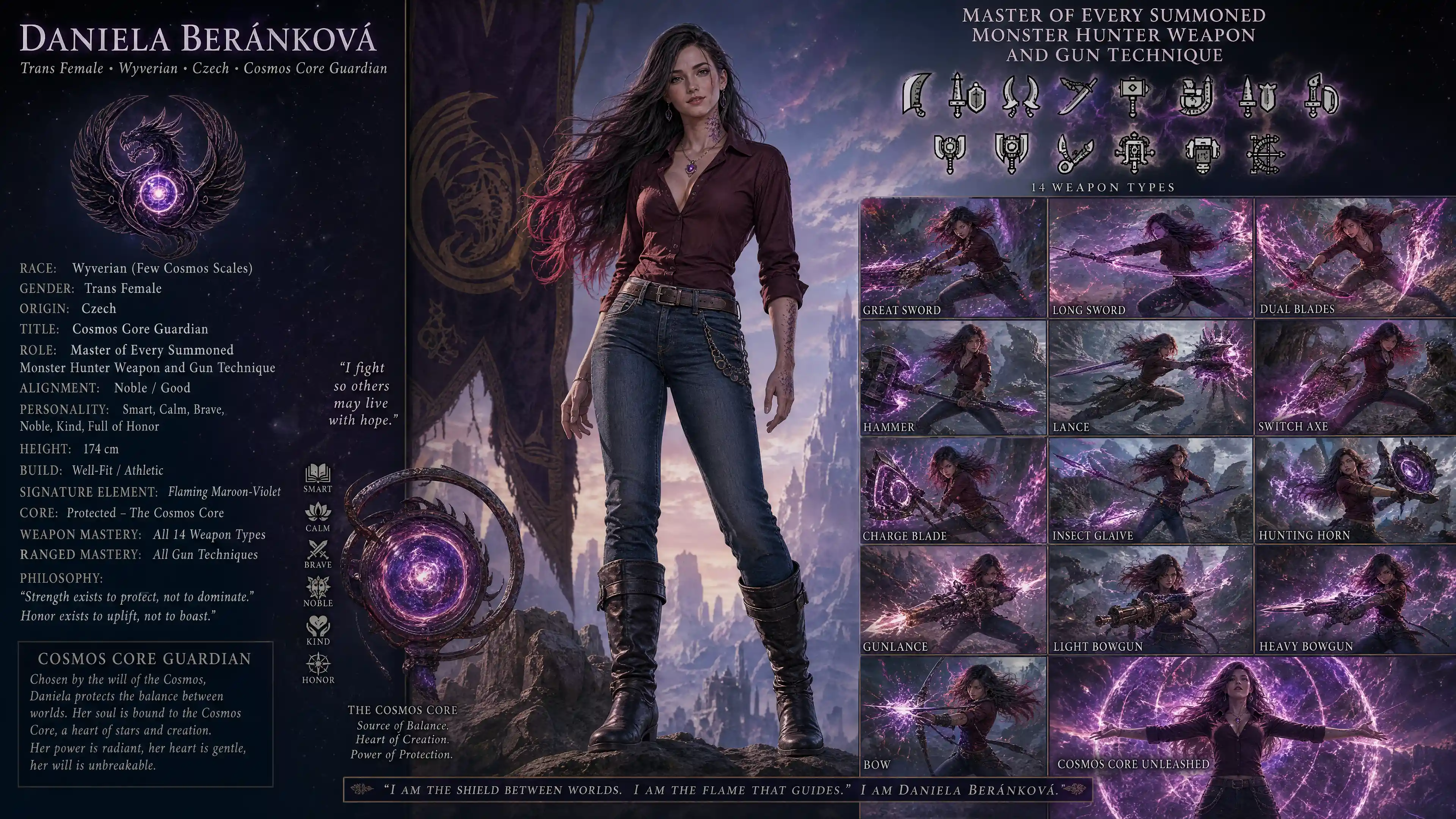 Brave fantasy woman with long auburn hair in casual clothes