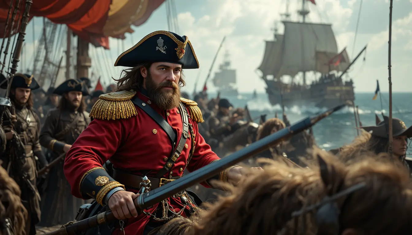 Royal army captain stands fearlessly on the open sea