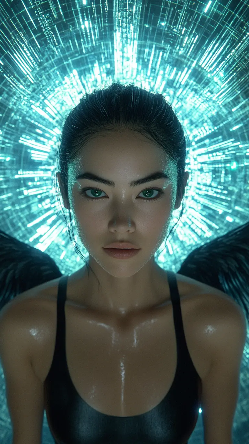 Donna eterea con alone cyberpunk e ali d’angelo nere