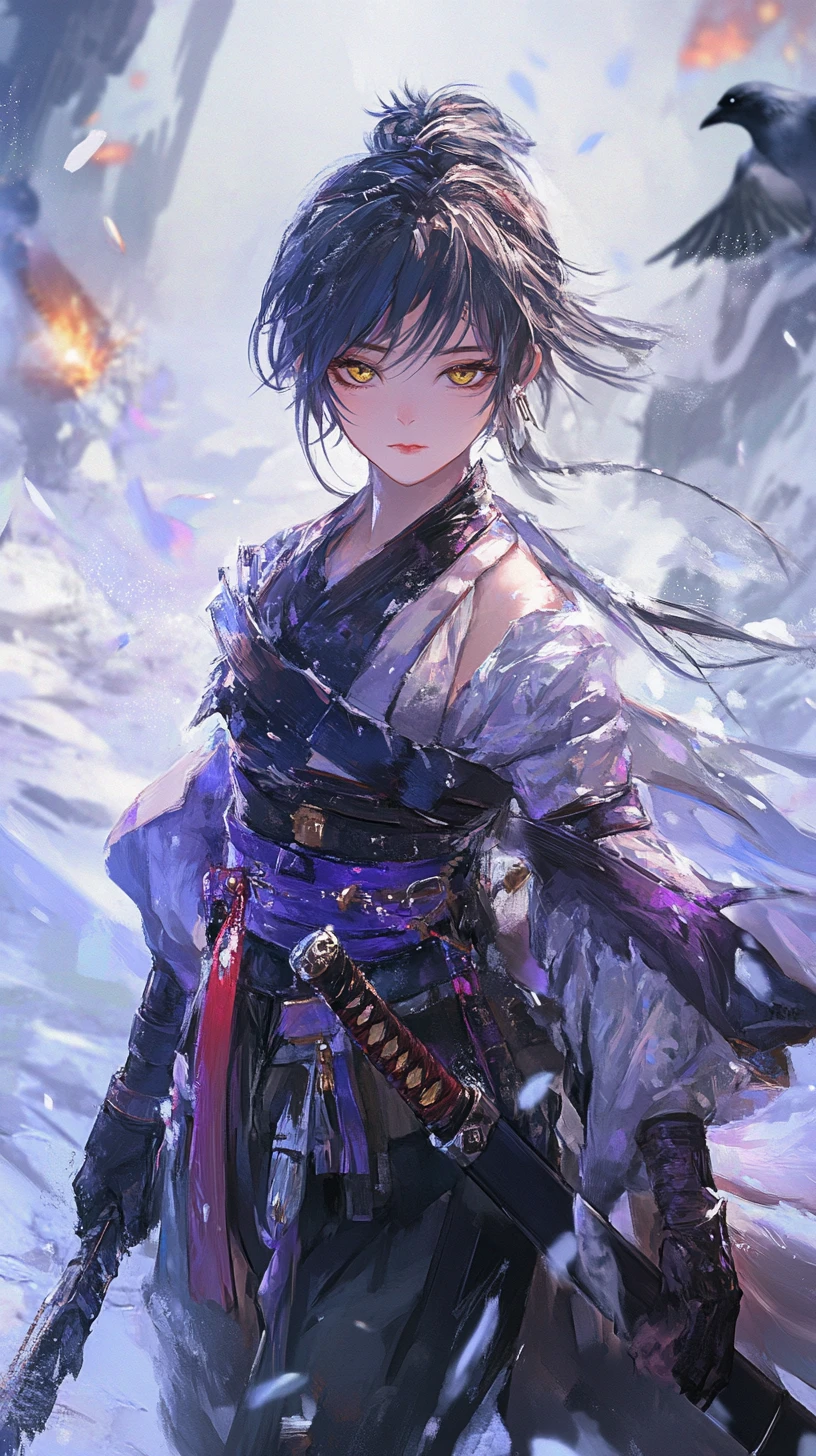 Anime girl with flaming outfit and yellow eyes