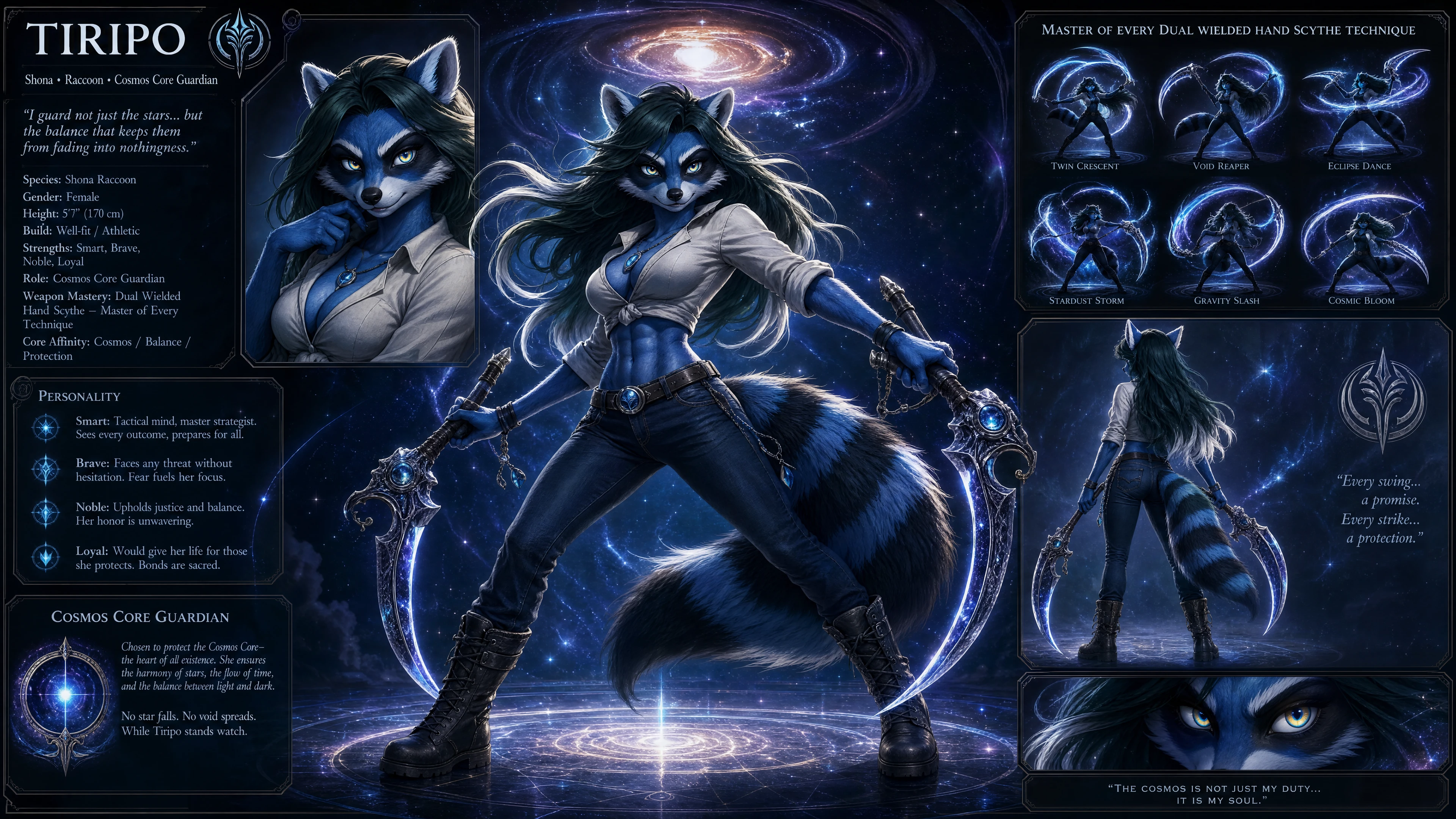 Heroic blue fur warrior woman with cosmic hand scythes