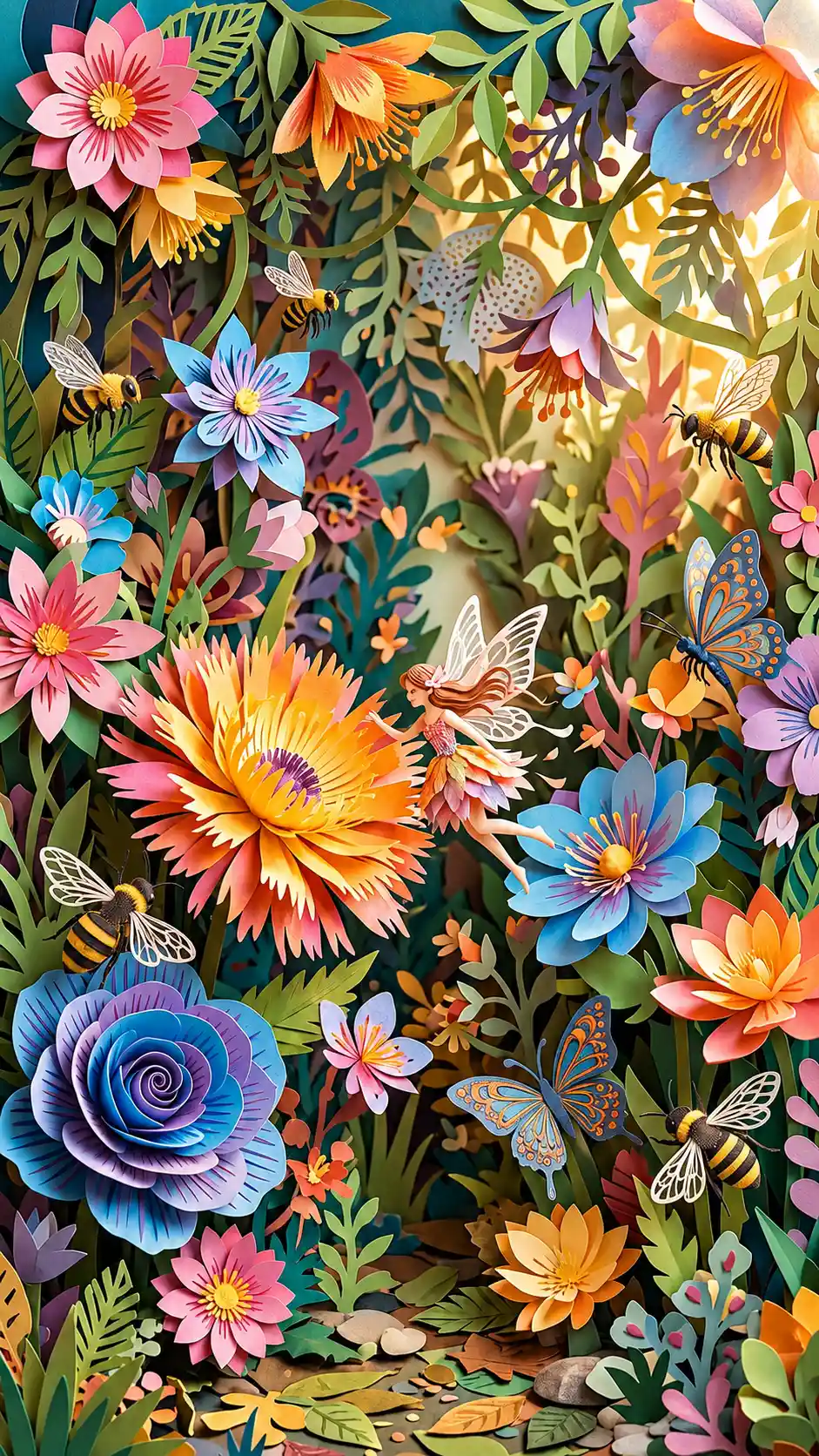 Whimsical paper garden with fairy and oversized flowers