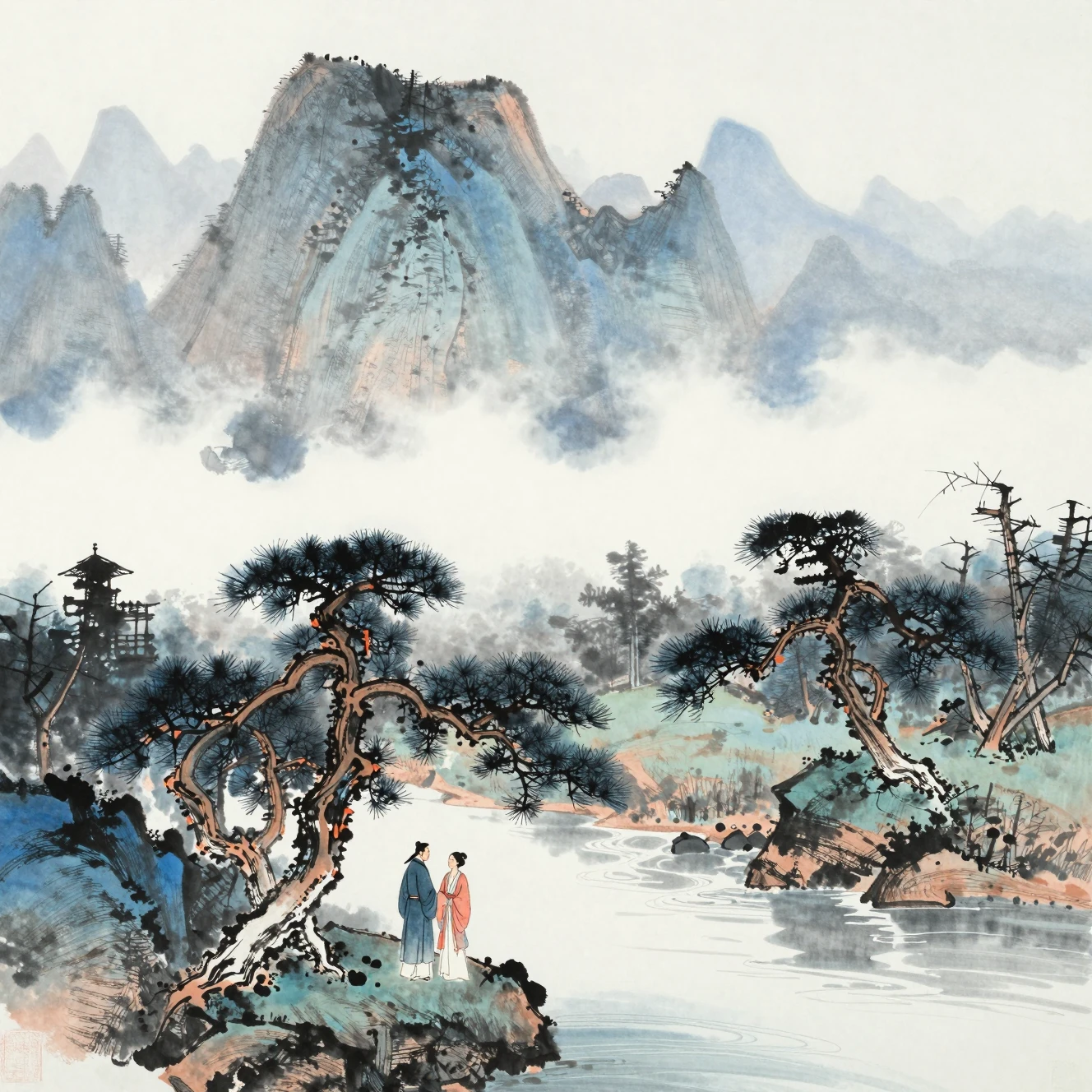 Couple meeting beneath pine trees in misty mountains