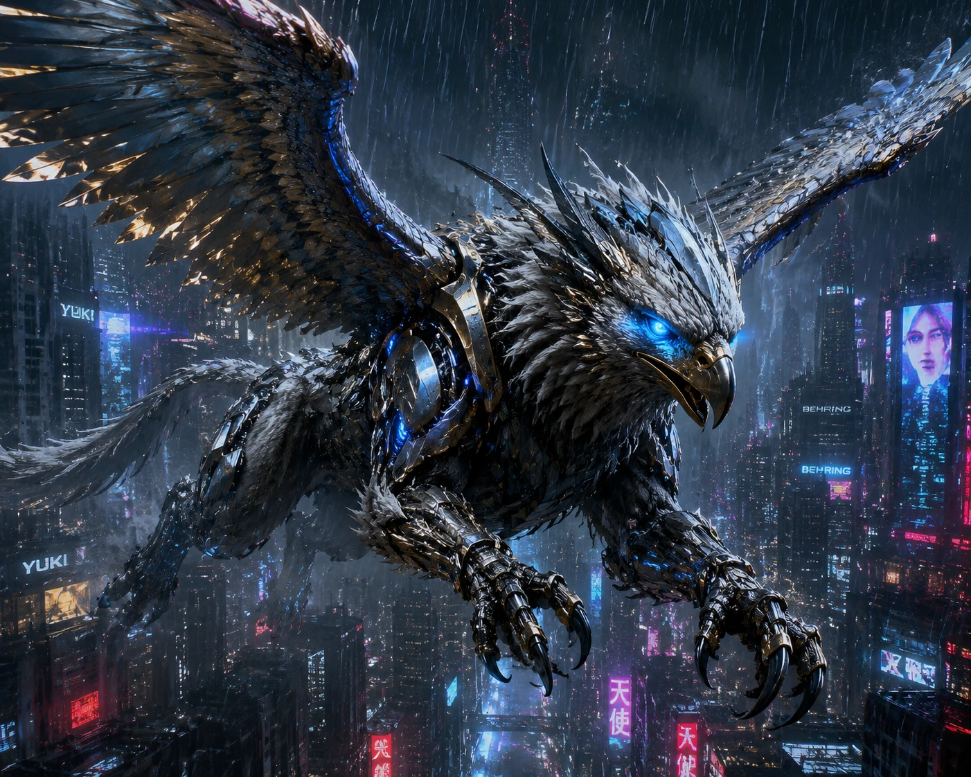 Grifo cibernético sobrevolando una ciudad futurista de neón