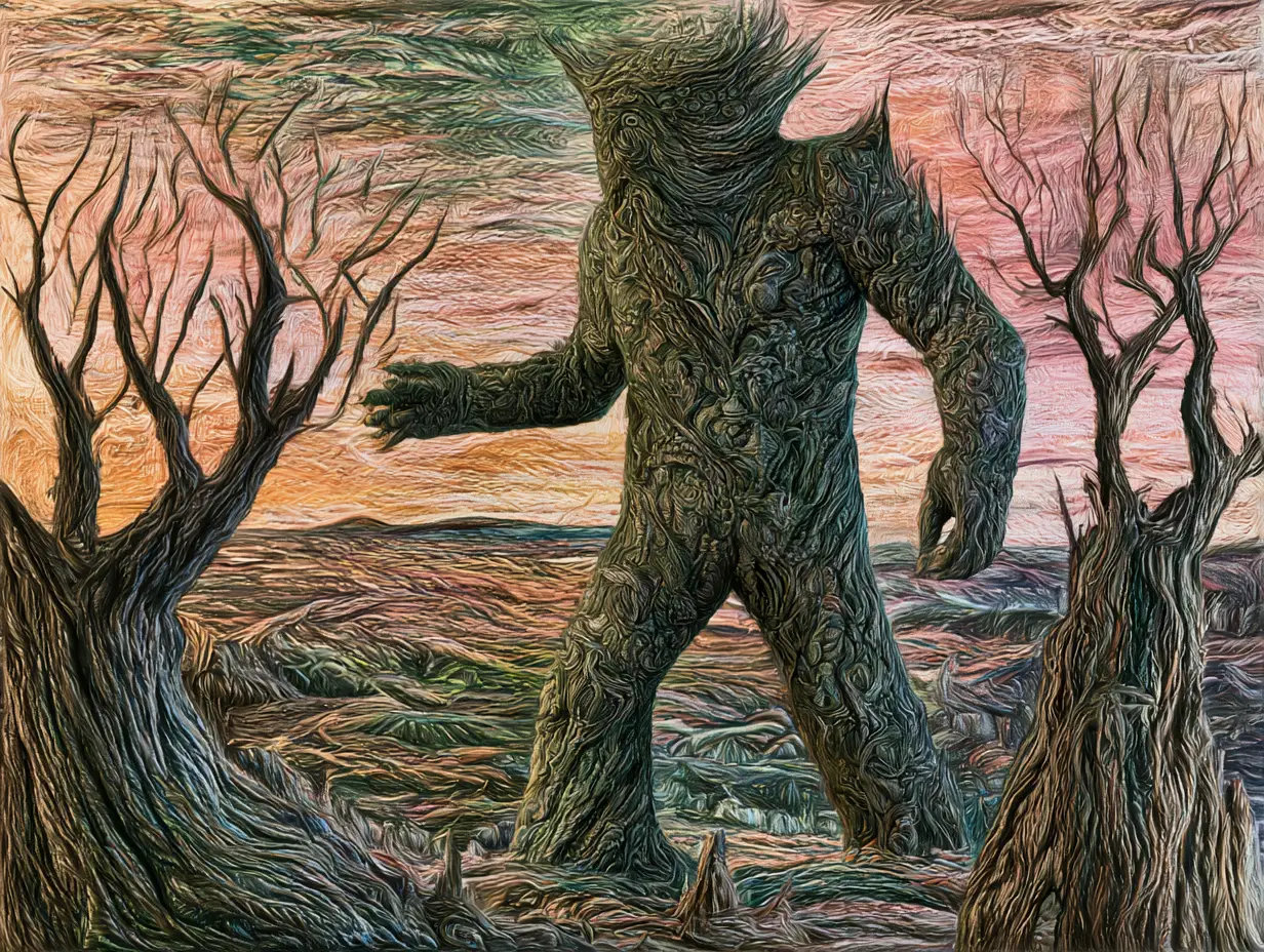 Surreal humanoid being rising from primeval swirling ooze