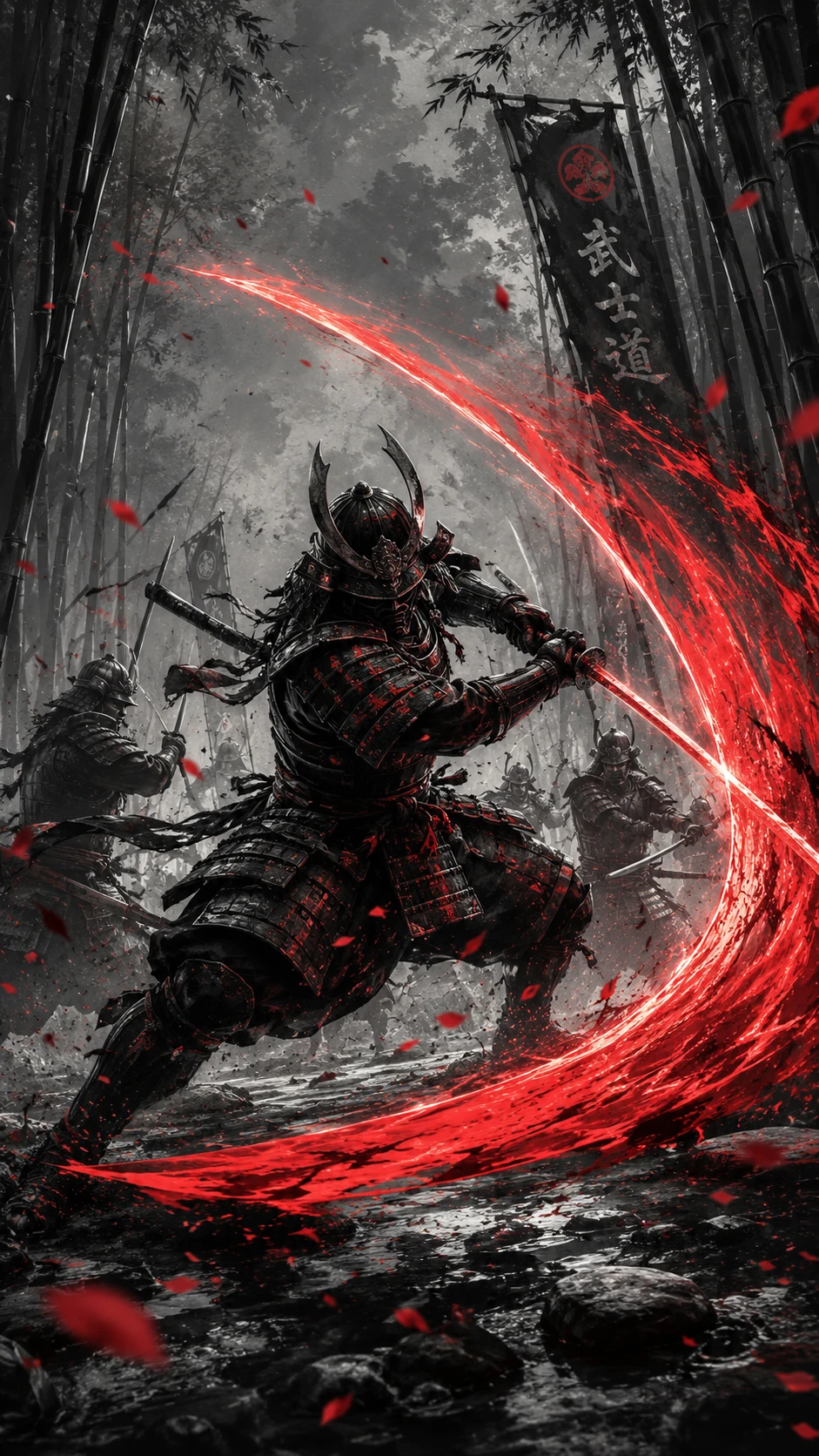 Samurai warrior unleashing crimson energy in bamboo forest