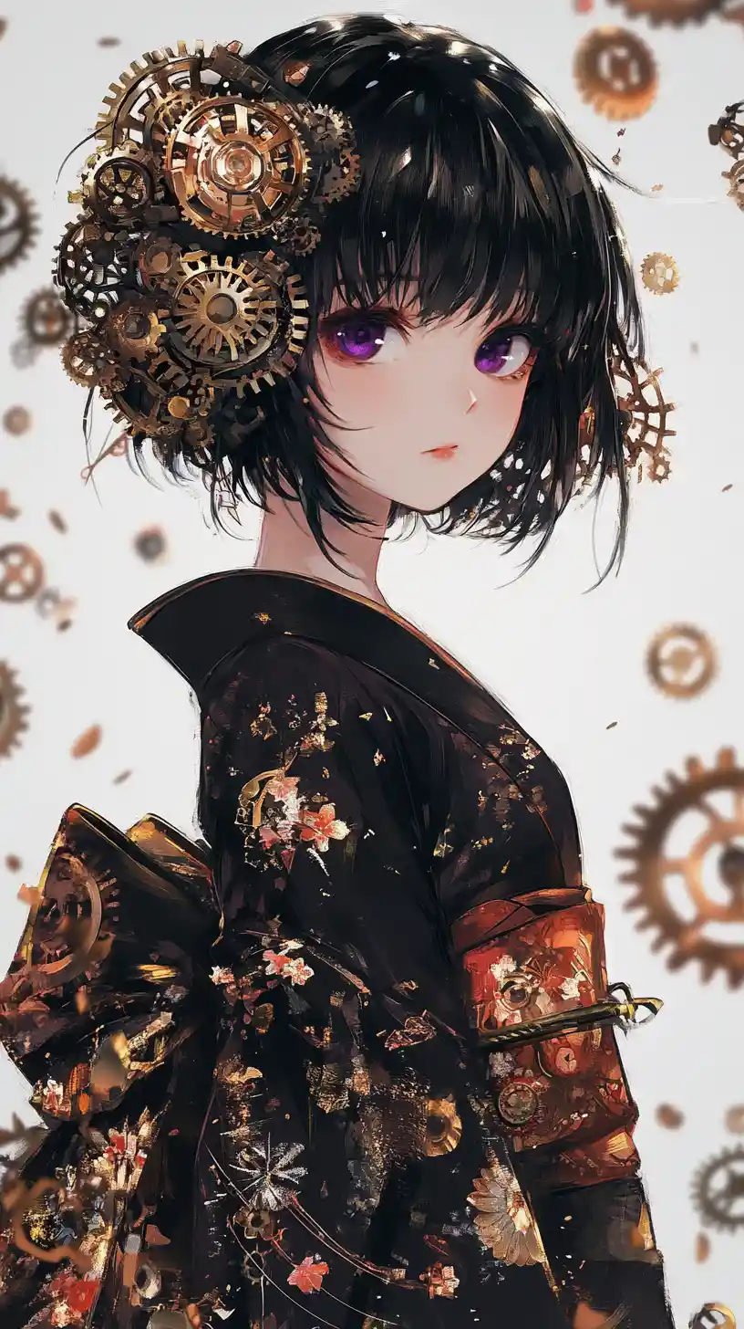 Steampunk anime girl in kimono amid floating clockwork