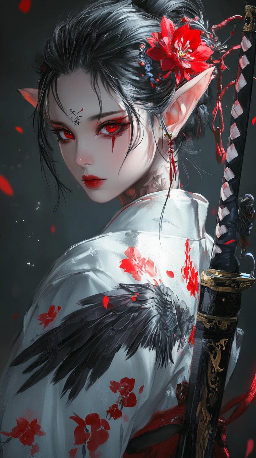 Guerriera anime tatuata in kimono floreale con katana