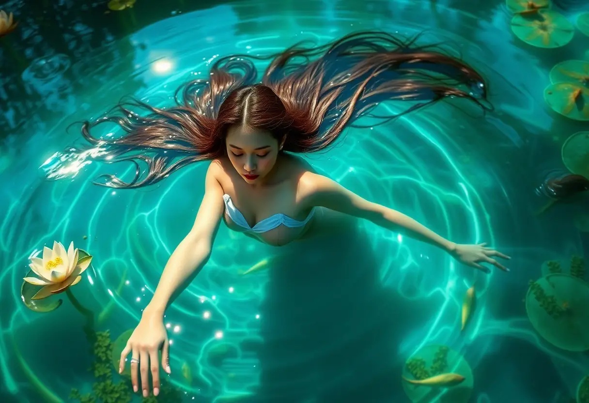 Ethereal Woman Floating On A Sacred Forest Pond