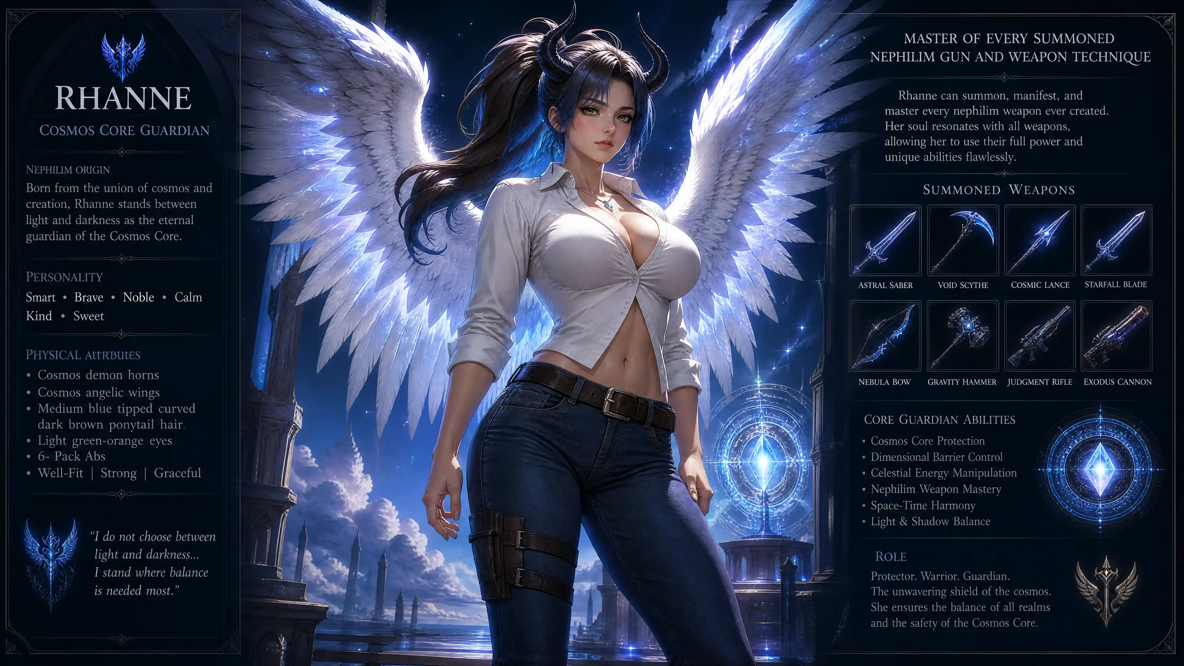 Cosmic horned angelic warrior woman with glowing wings