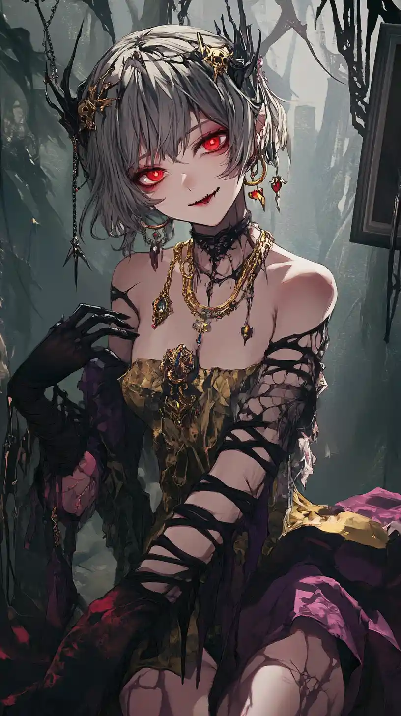 Anime girl with two toned hair and elaborate fantasy outfit