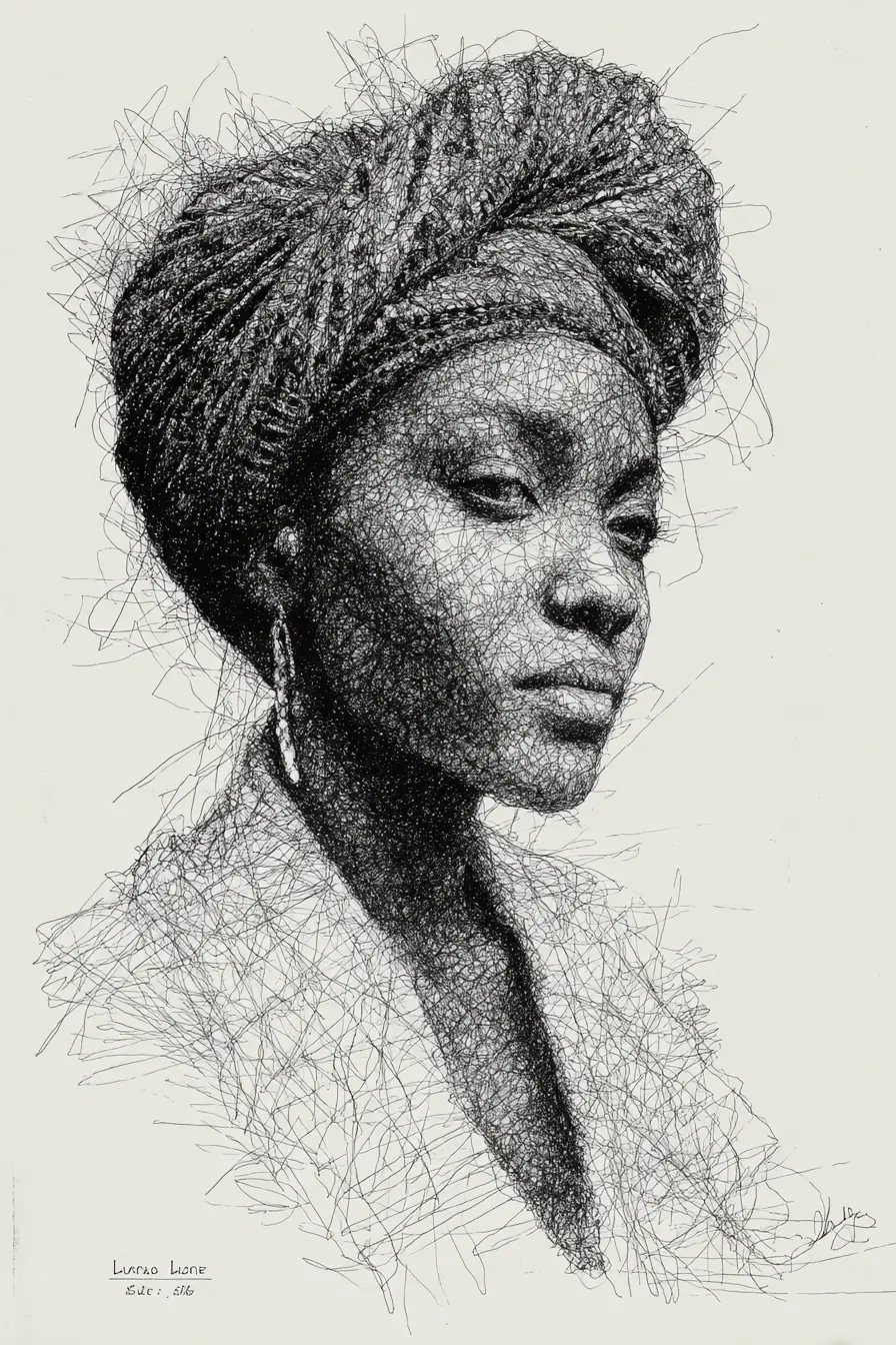 Textured pencil portrait of a black woman facing forward