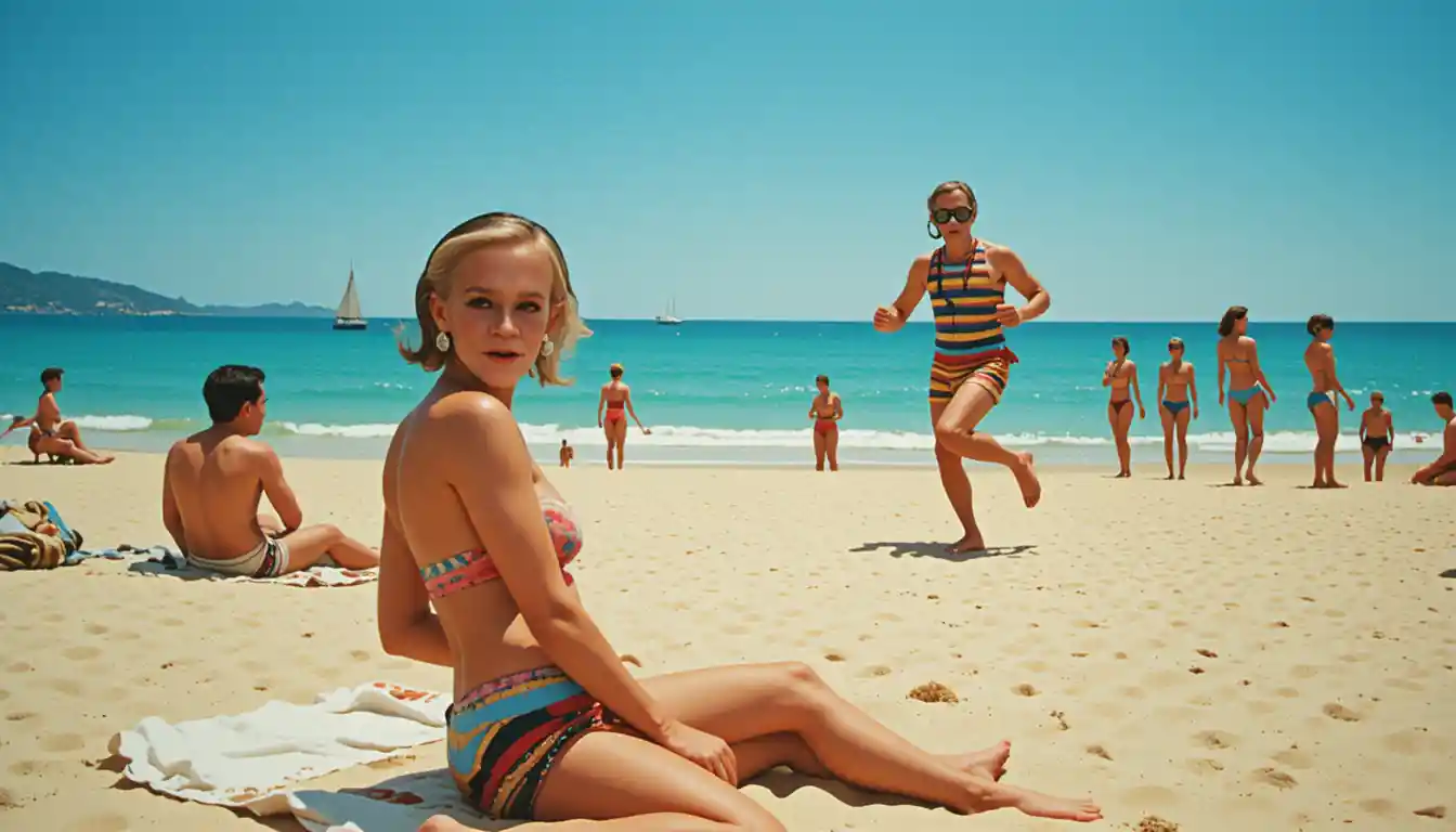 Smiling topless woman relaxing on a sunny beach