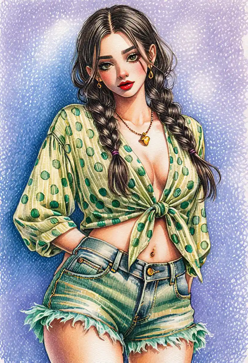 Colored pencil portrait of a girl with braided dark hair