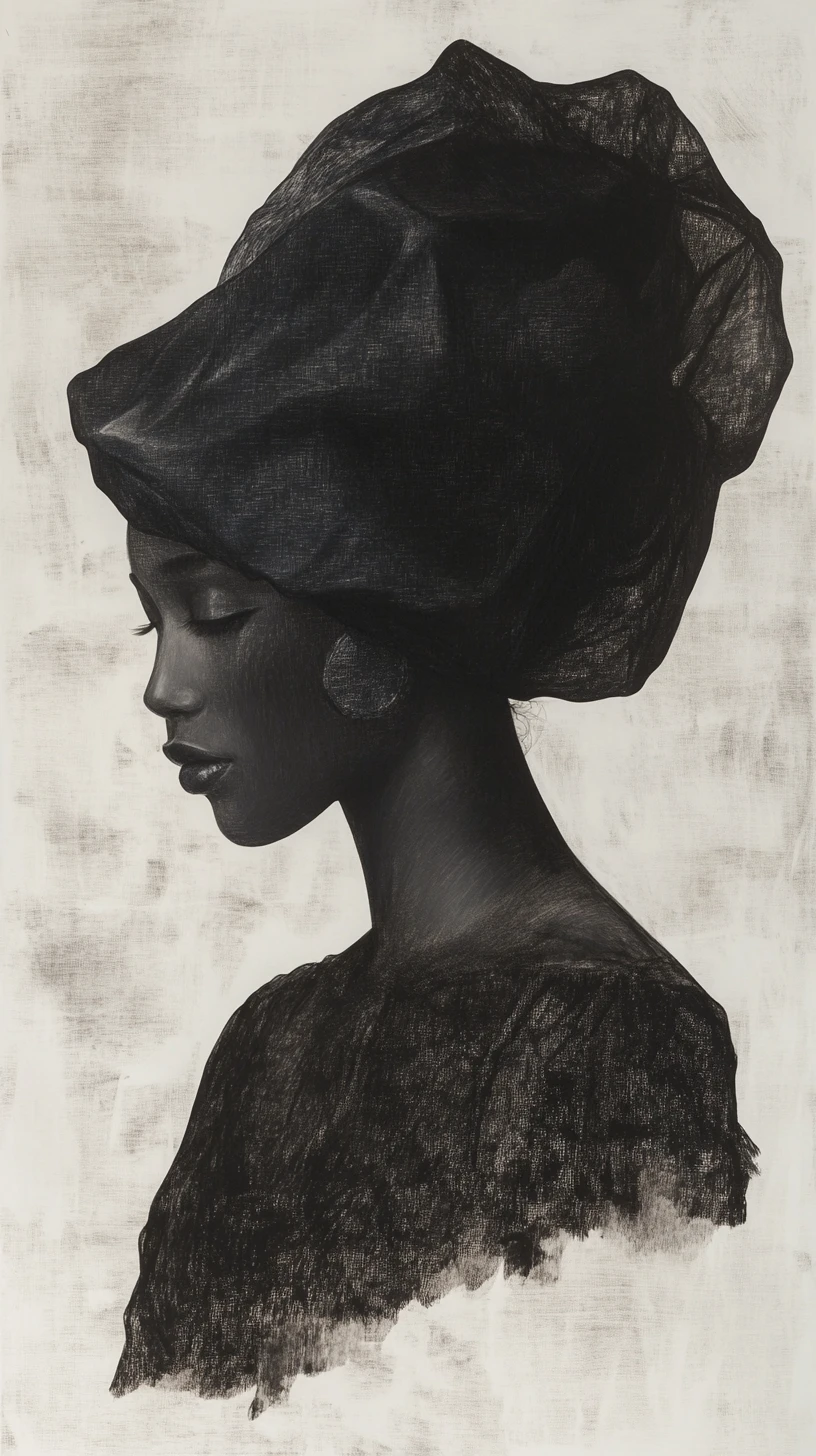 Charcoal bust portrait of a young black woman in profile