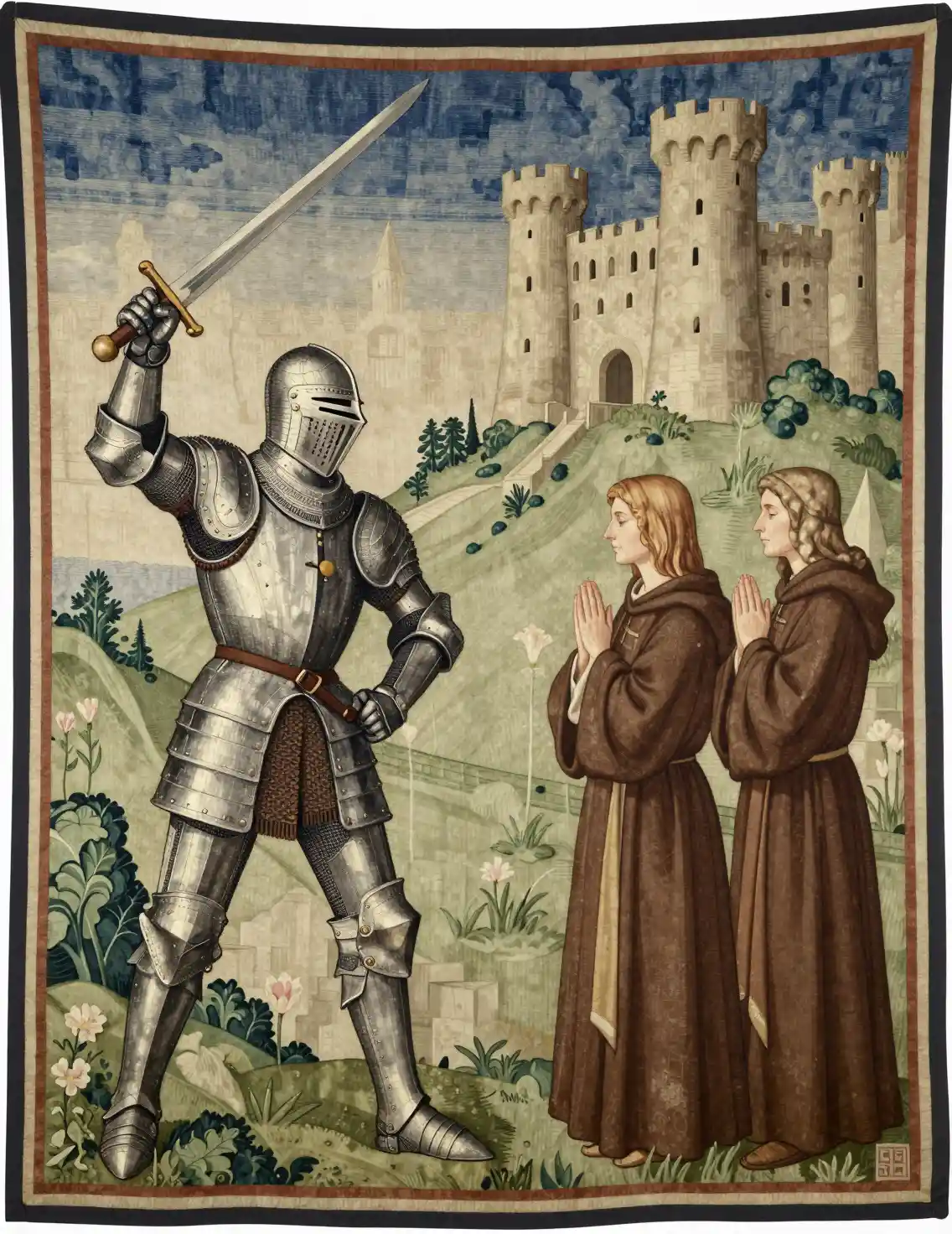 Medieval tapestry of a knight raising his sword in armor