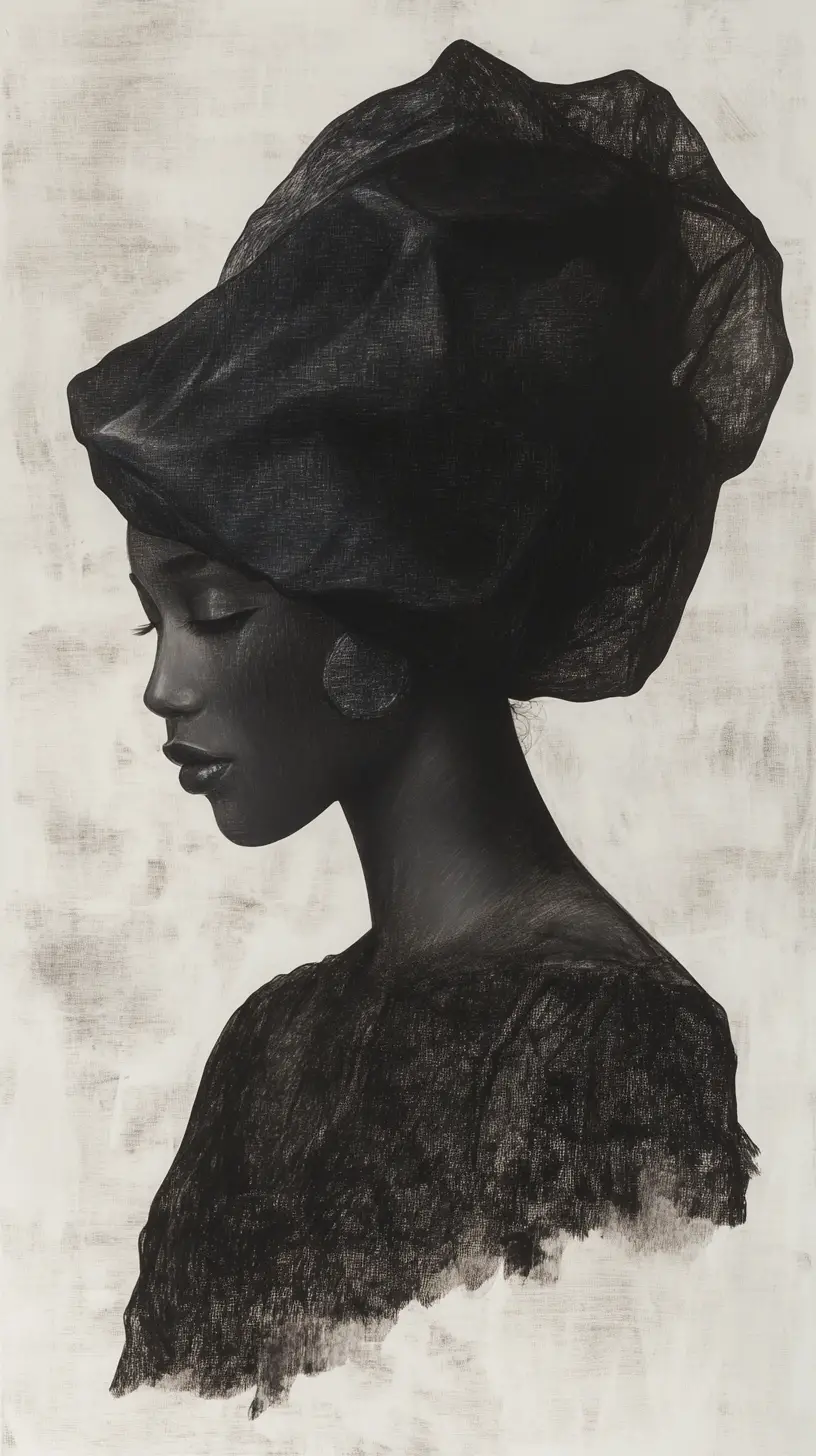 Charcoal bust portrait of a young black woman in profile