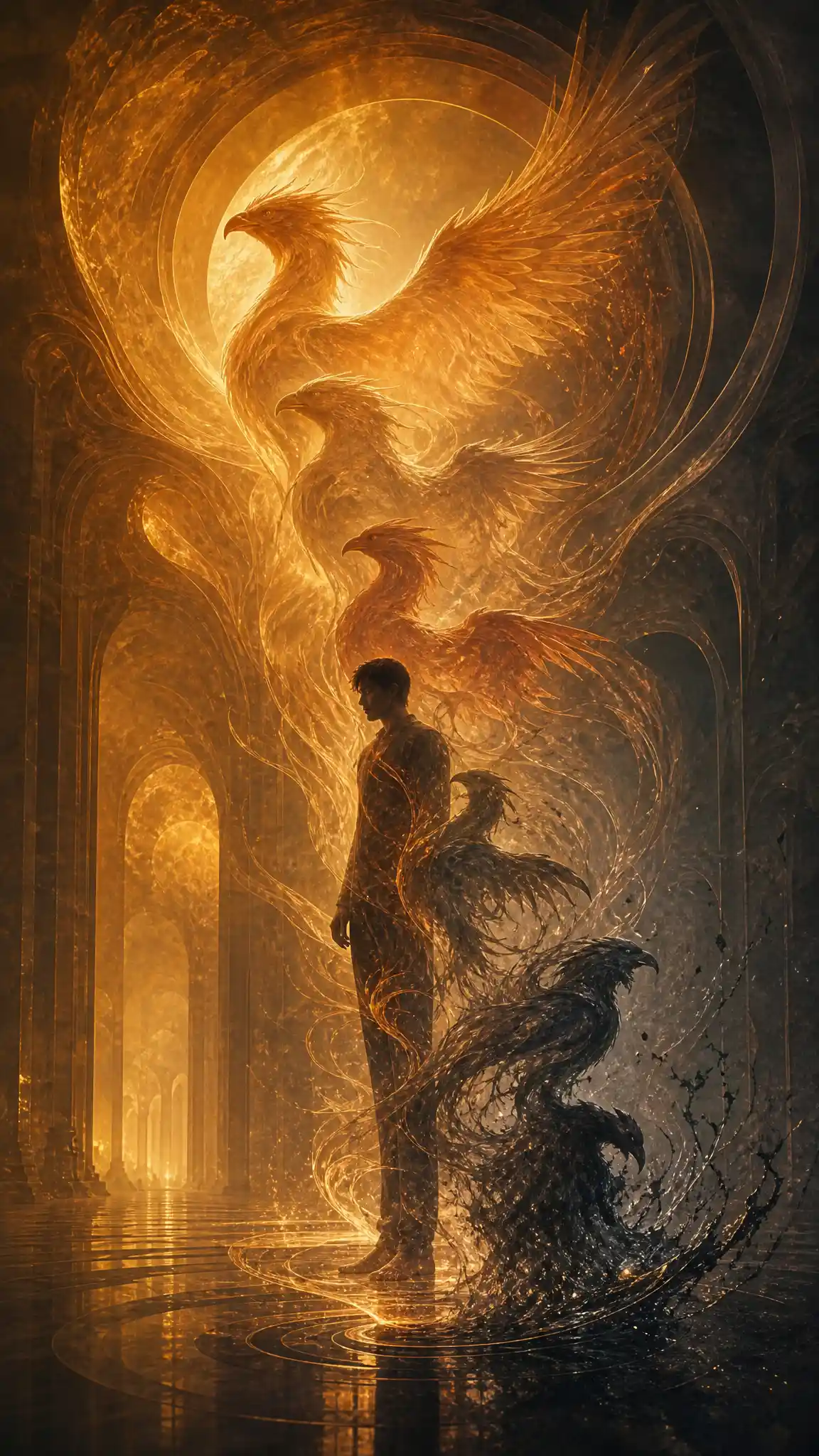 Human figure within layered phoenix transformation silhouettes