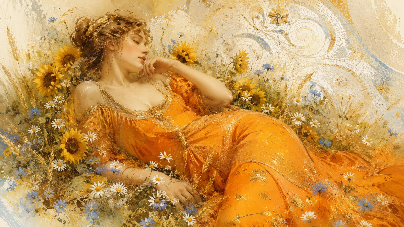 Dreaming woman in orange dress in a sunflower meadow