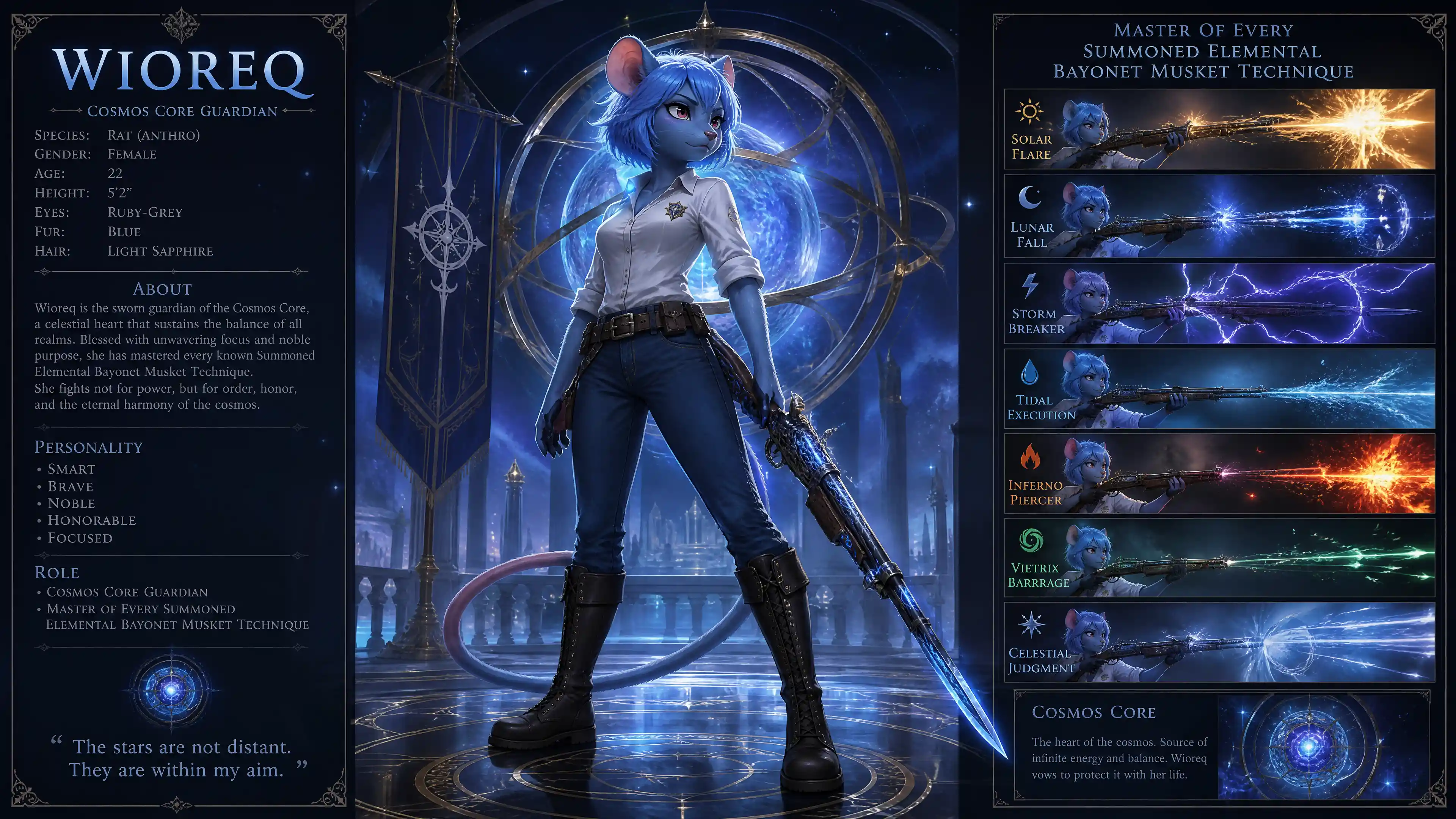 Blue fur female anthro warrior with elemental musket
